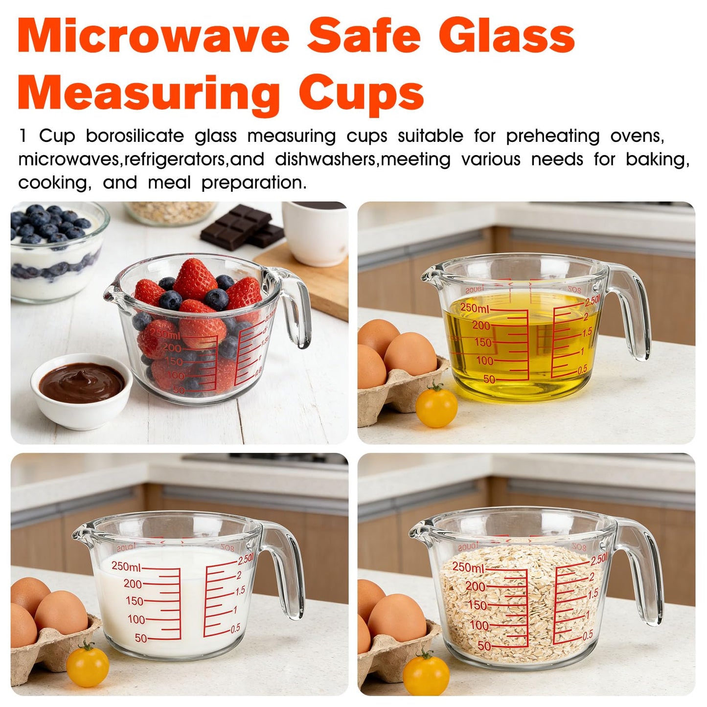 1 Cup Glass Measuring Cups,Clear Borosilicate Glass Liquid Measuring Cup for Kitchen & Baking Microwave Oven Dishwasher Safe Measuring Cups,8 oz/250ml Glass Measuring Cup