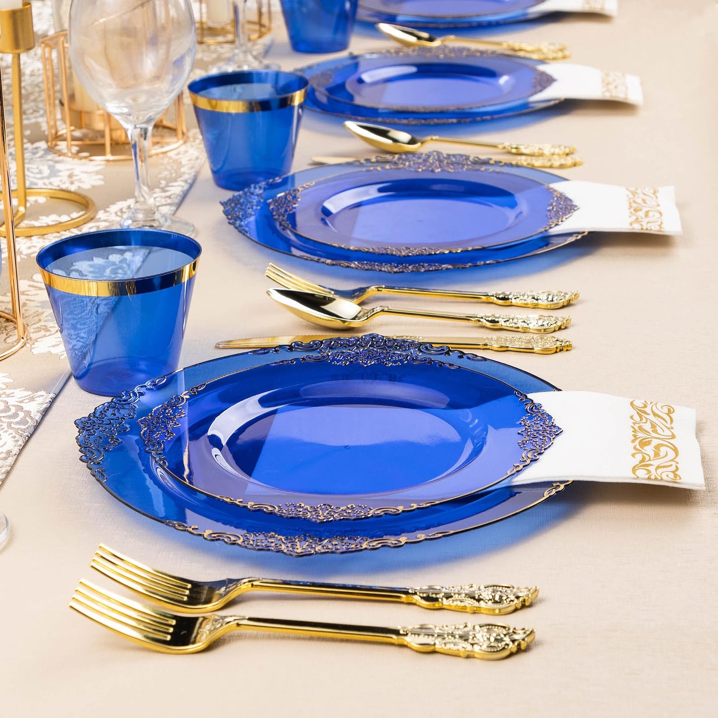 Bestluck 350PCS Clear Blue Plastic Plates for 50 Guests, Disposable Plates with Gold Trim include 50 Dinner and Dessert Plates, 150 Gold Silverware, 50 Cups, 50 Napkins for Party, Wedding & Graduation