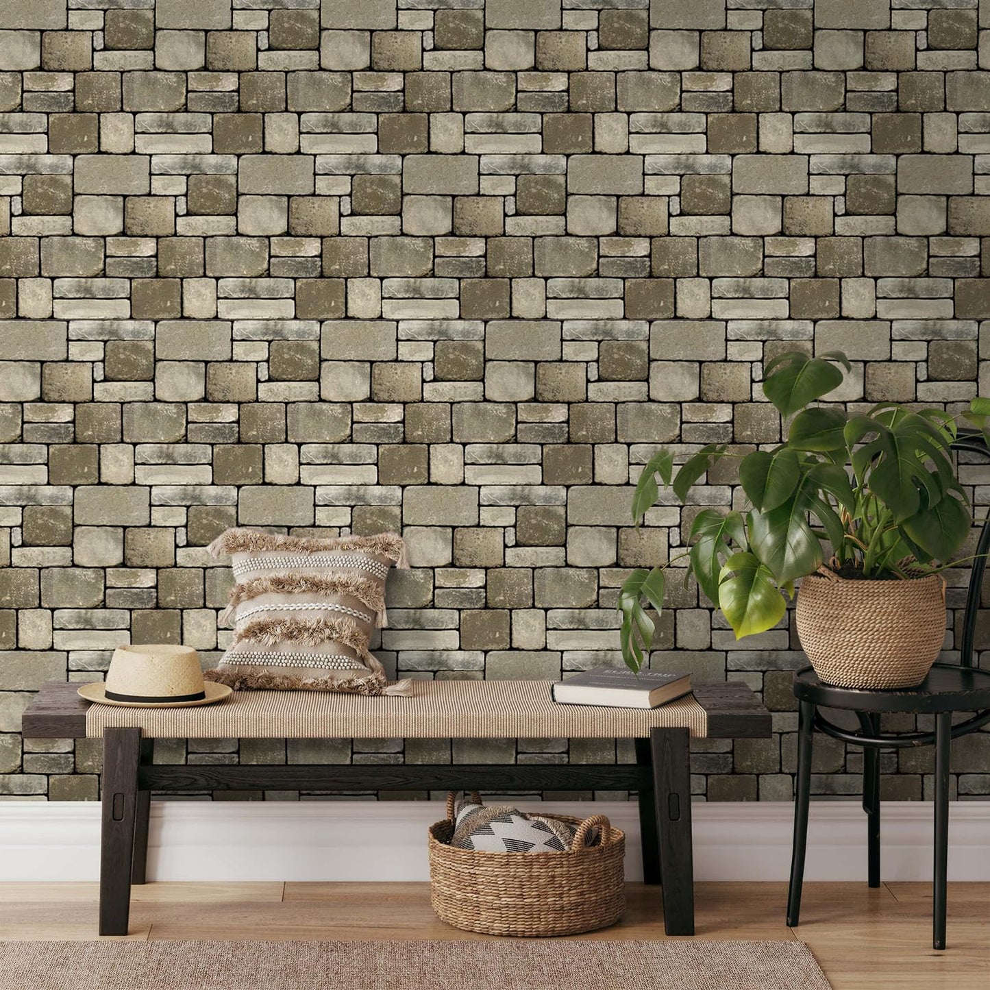 SMOOSTIKC 3D Faux Stone Wall Panels Peel and Stick, 10 Pcs 11.8" x 11.8", Stone-Look Textured Wall Sticker, Ultra-Light Thin PVC Fake Stone Wall Covering Tiles for Quick DIY, Brown