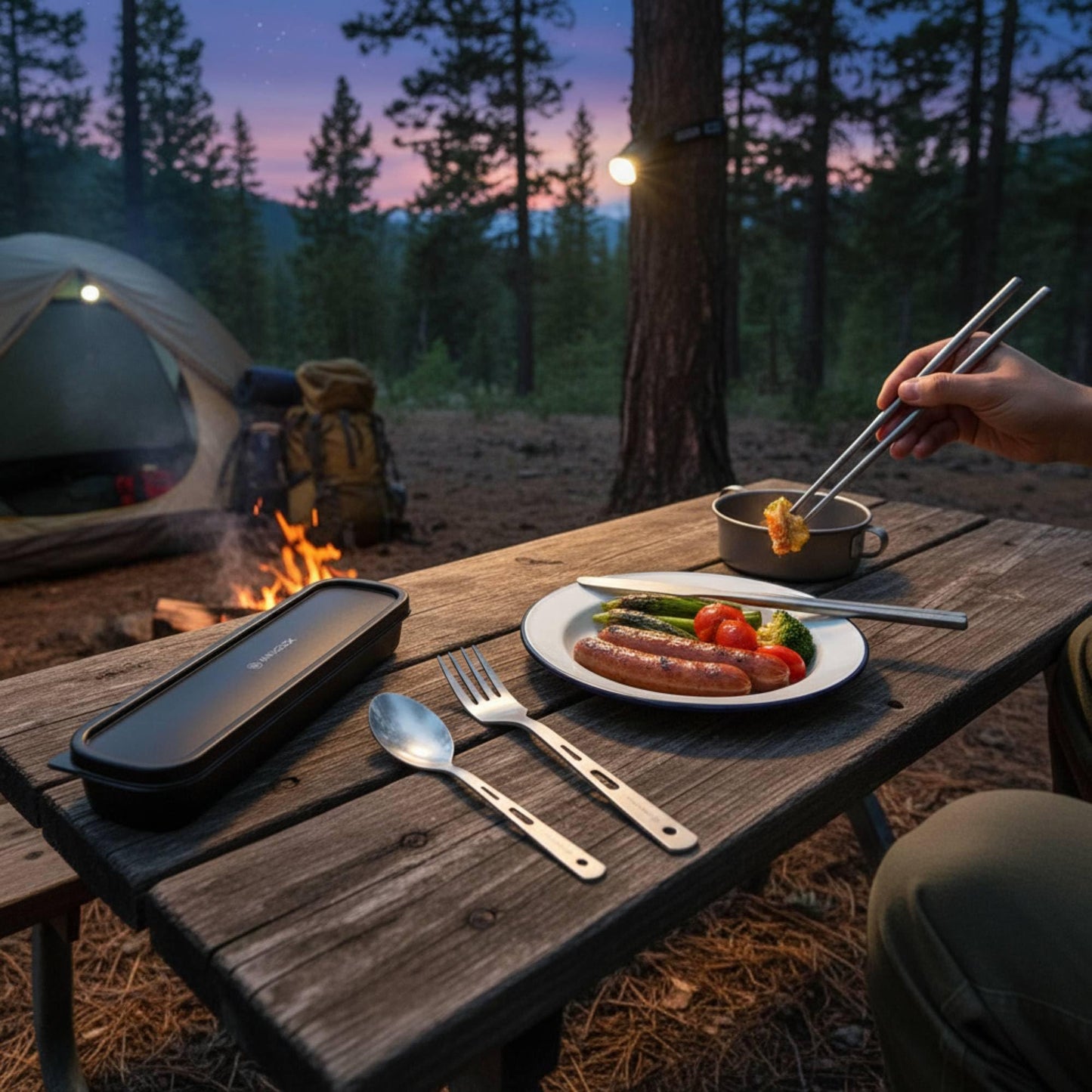 MAXCOOK Titanium Utility Cutlery Set, Portable tableware titanium utensil set with case, Table Spoon Fork Chopsticks Knife set for Outdoor Travel Camping Backpacking (Total 5 PCS)
