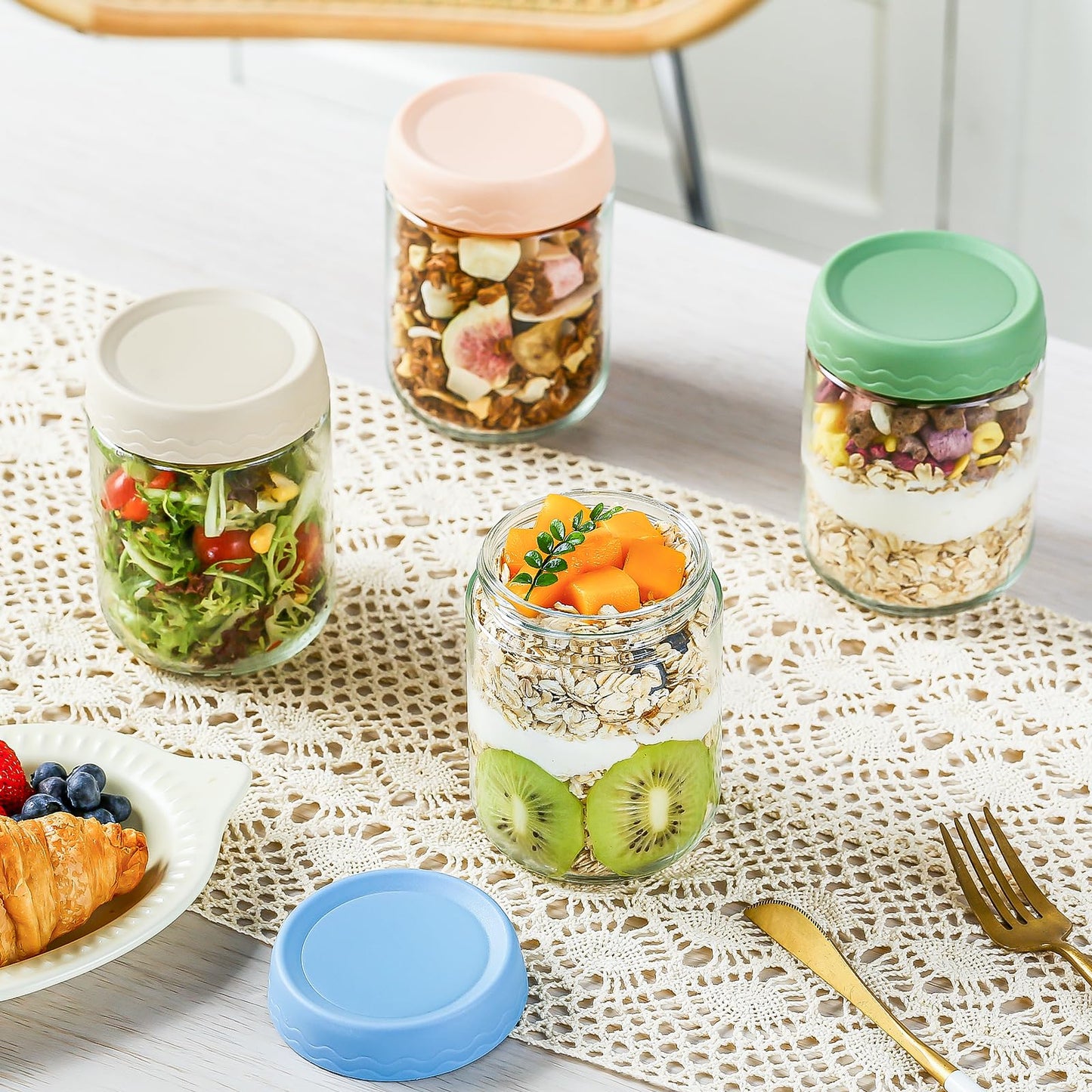 DRKIO 16 Oz Overnight Oats Containers with Lids - 6 Pack Glass Storage Jars with Airtight Lids Wide Mouth Mason Food Jars Great for Meal Prep Salad Chia Pudding Snacks Yogurt Sugar Spice Cereal