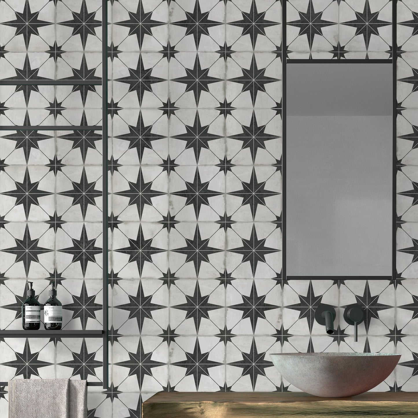 The Tiles Plaza Encaustic Peel and Stick Backsplash, Black Star Patterned Vintage Stick on Tiles, Stone Composite Self-Adhesive Wall Tile Sticker for Kitchen Bathroom Fireplace Stairs, 10 Sheets