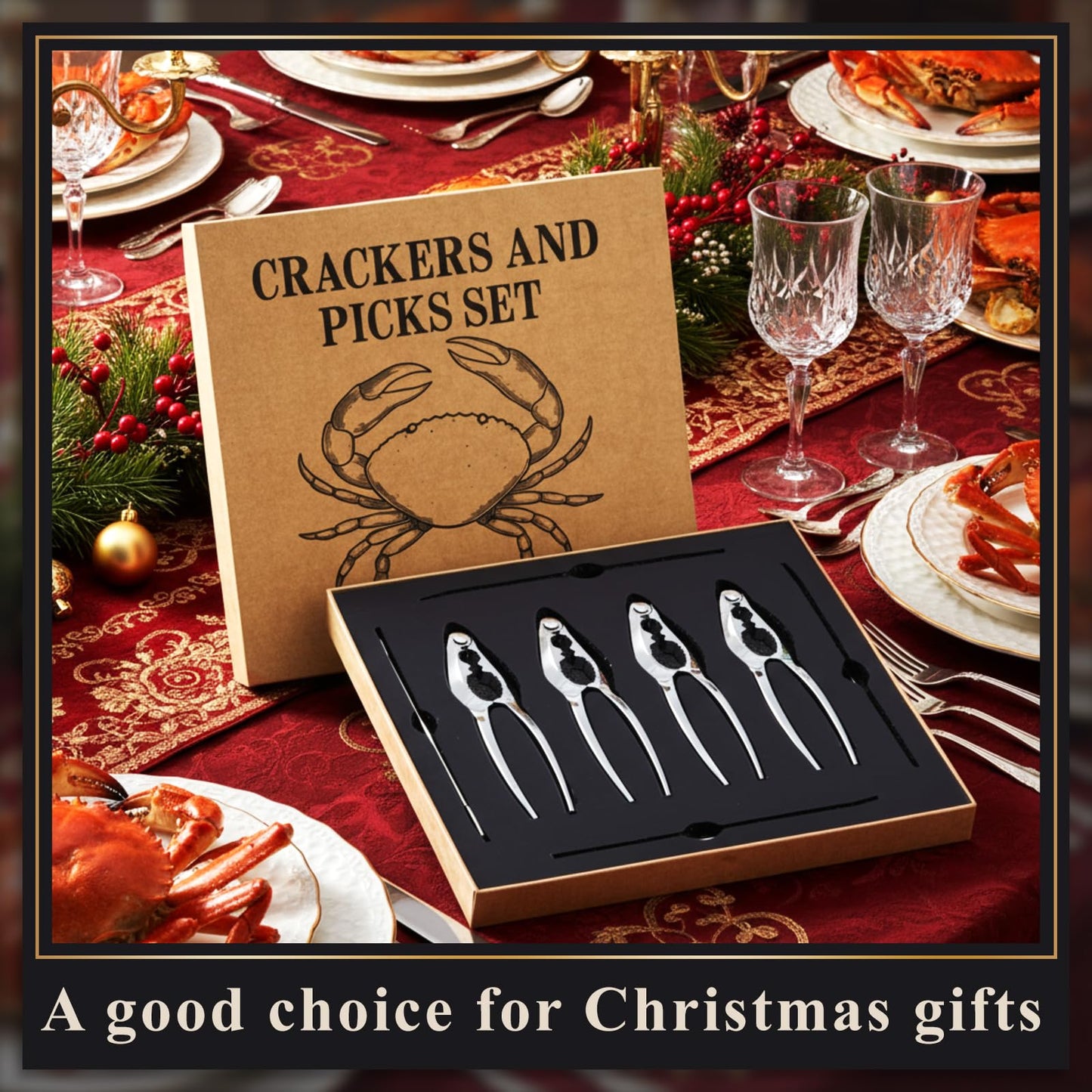 Pangda Crab Crackers and Tools Set with Gift Box Including 4 Lobster Crackers and 4 Seafood Forks Kit Professional Seafood Tools Set Crab Leg Cracker Tool Christmas Gifts