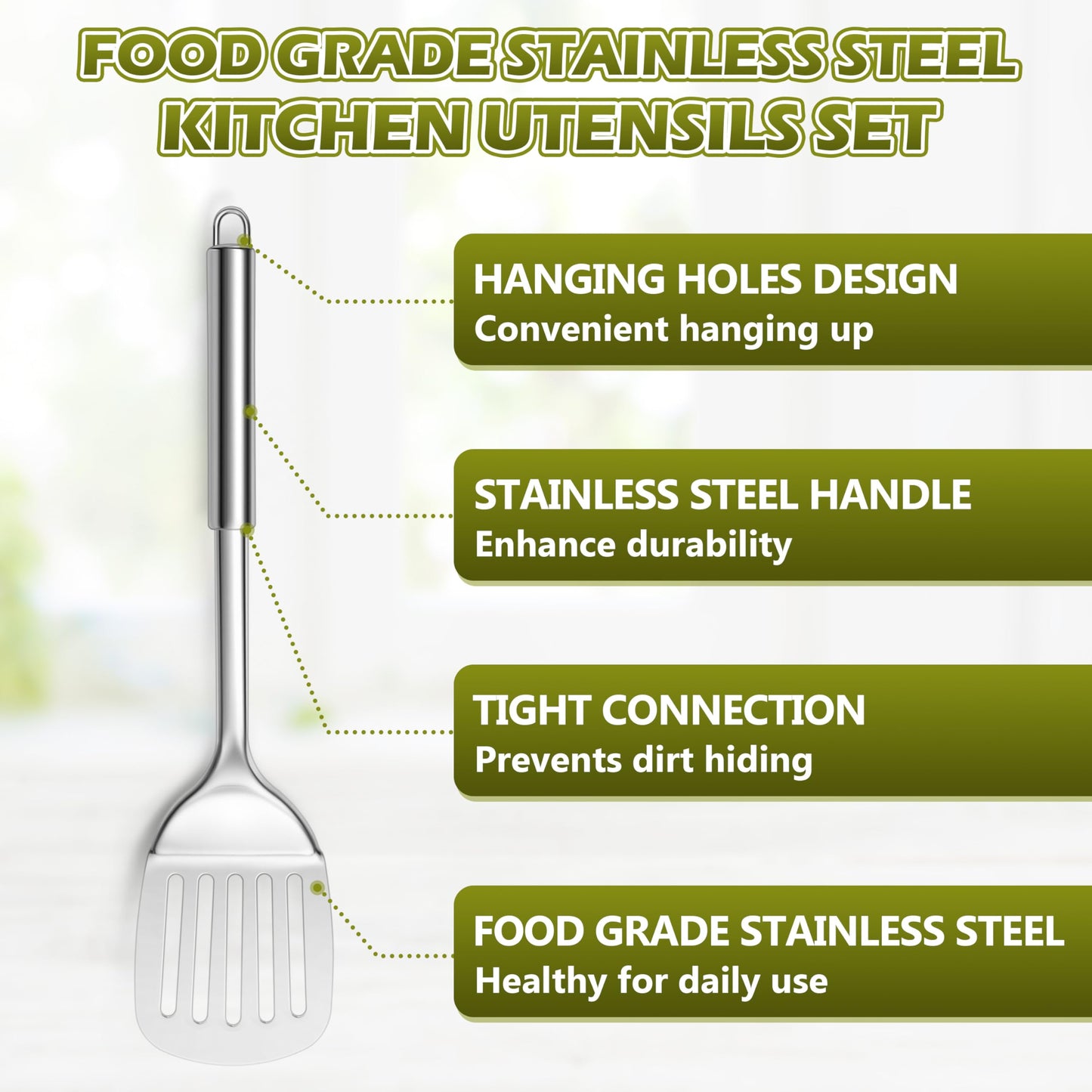 E-far Cooking Utensils Set, 10-Piece Stainless Steel Kitchen Utensils with Holder, Metal Heat Resistant Kitchen Cookware Tool Spatula Set for Cooking, Easy Clean & Dishwasher Safe