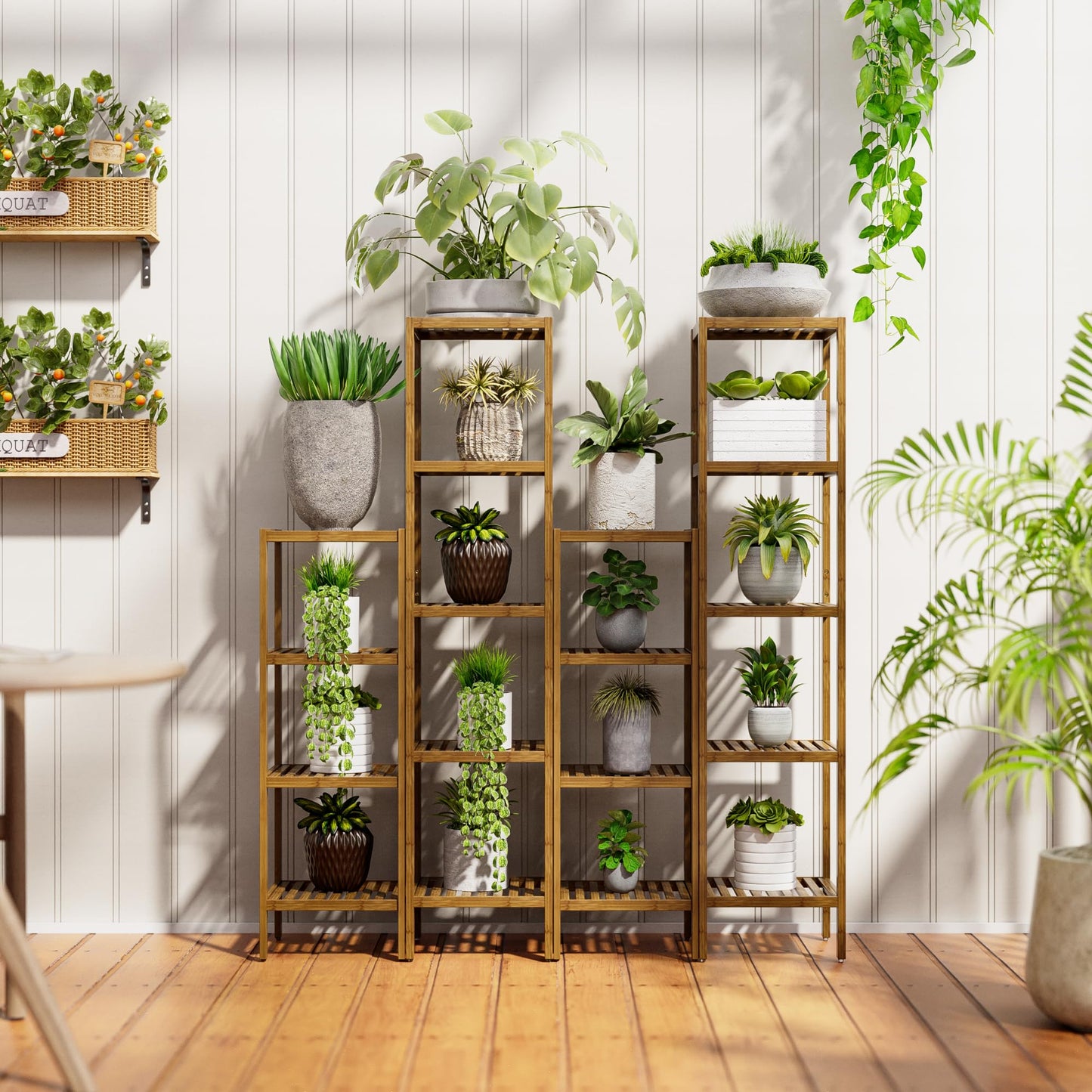 SMIBUY Bathroom Storage Shelf, 4-Tier Bamboo Rack Organizer, Multifunctional Shelving Unit for Living Room Bedroom Kitchen (Walnut)