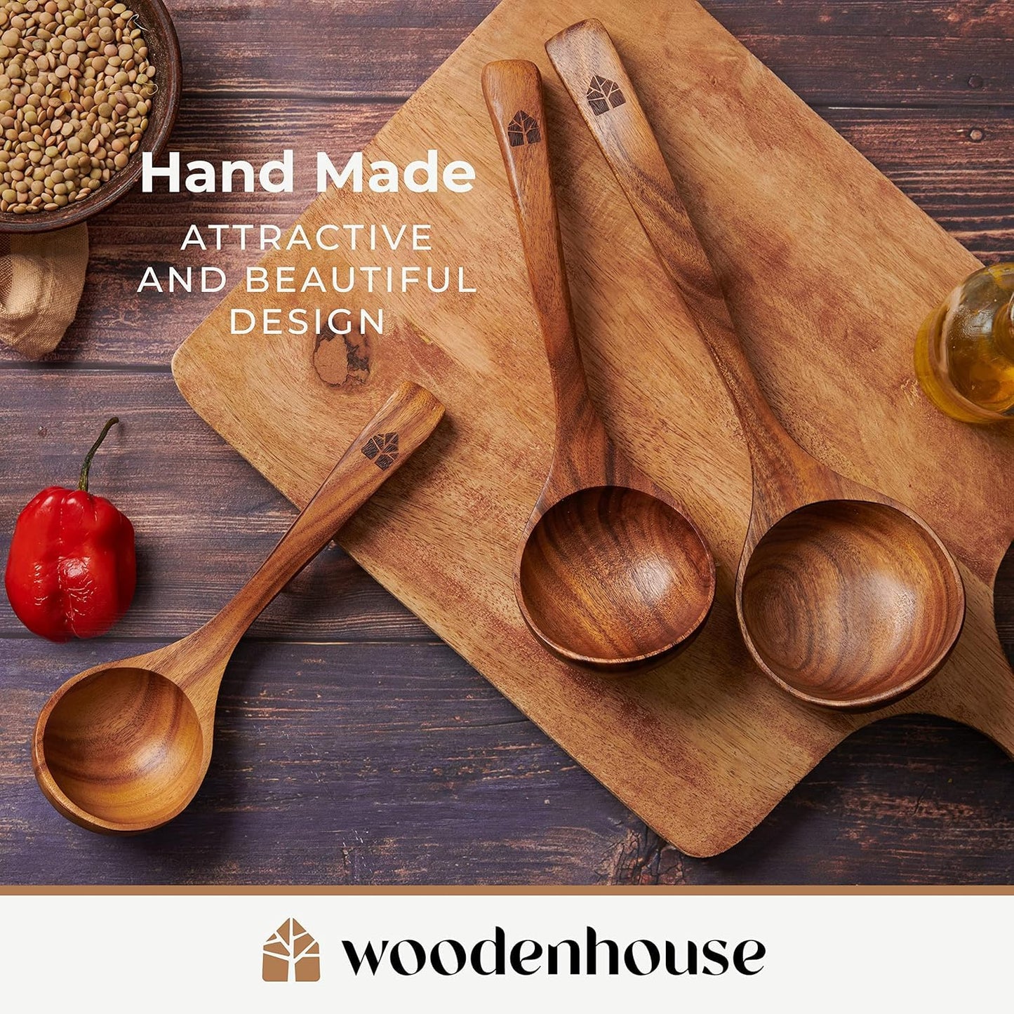 Wooden Ladle for Soup, 3 Size Teak Wood Ladle Spoon with Back Hooks for Pot & Bowl, Non-Stick Wooden Spoon Set for Cooking, Serving and Stirring
