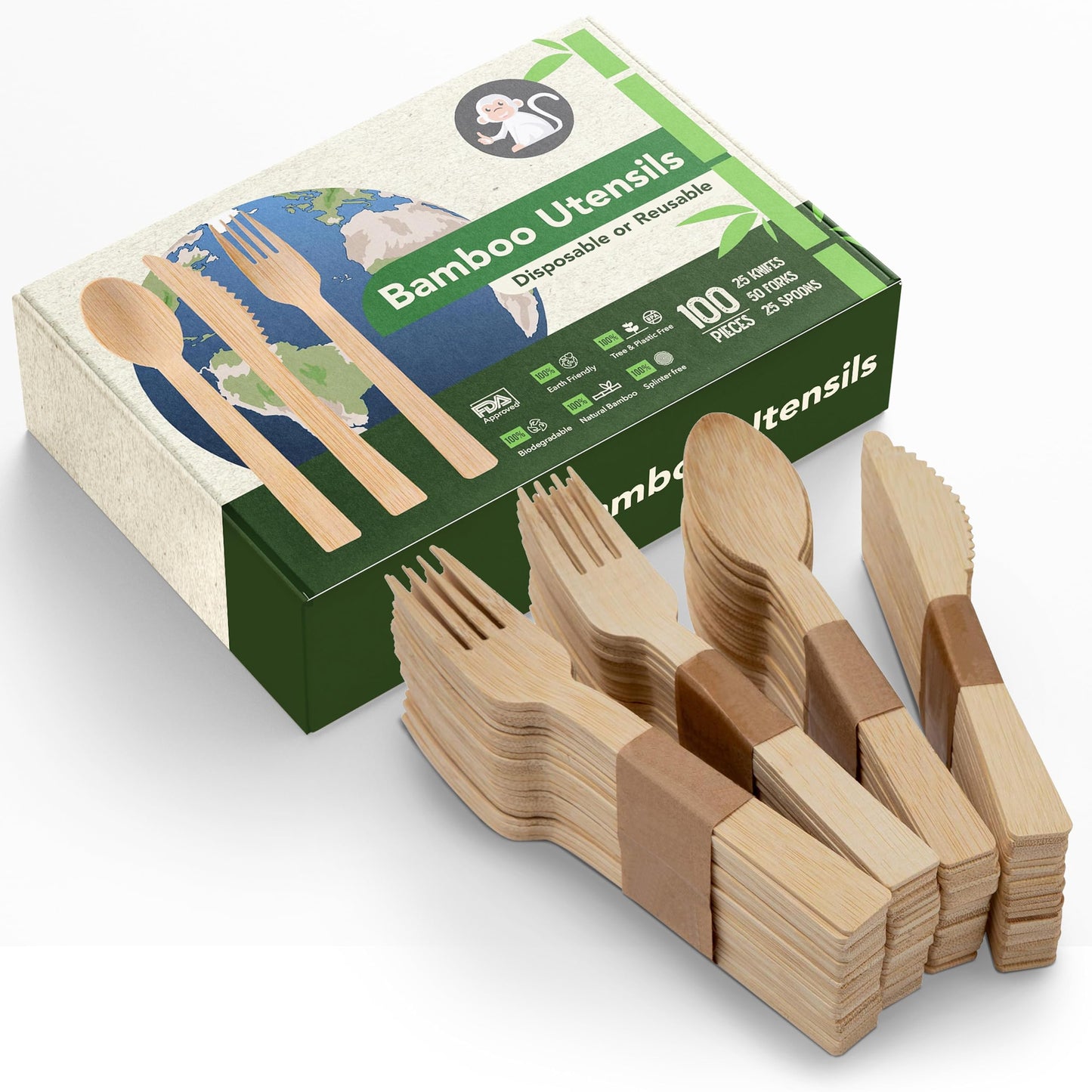 Albino Monkey Wooden Cutlery Set - 100 Pcs Disposable Bamboo Forks, Spoons, Knives - Compostable 100% Natural Bamboo Utensils for Parties, Picnics, Camping, Weddings - Eco-Conscious Dining Supplies