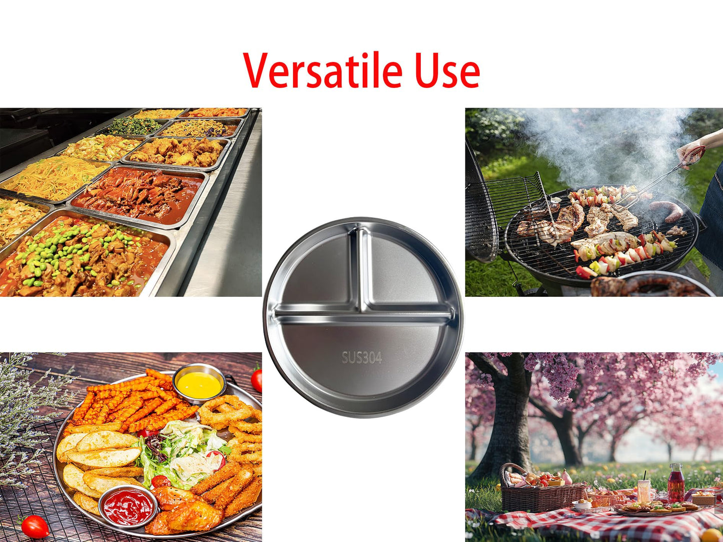 Lijinhe Stainless Steel Kids Plates Set of 4, Portion Control Divided Food Tray for Adults and Kids, Camping, Lunch and Dinner