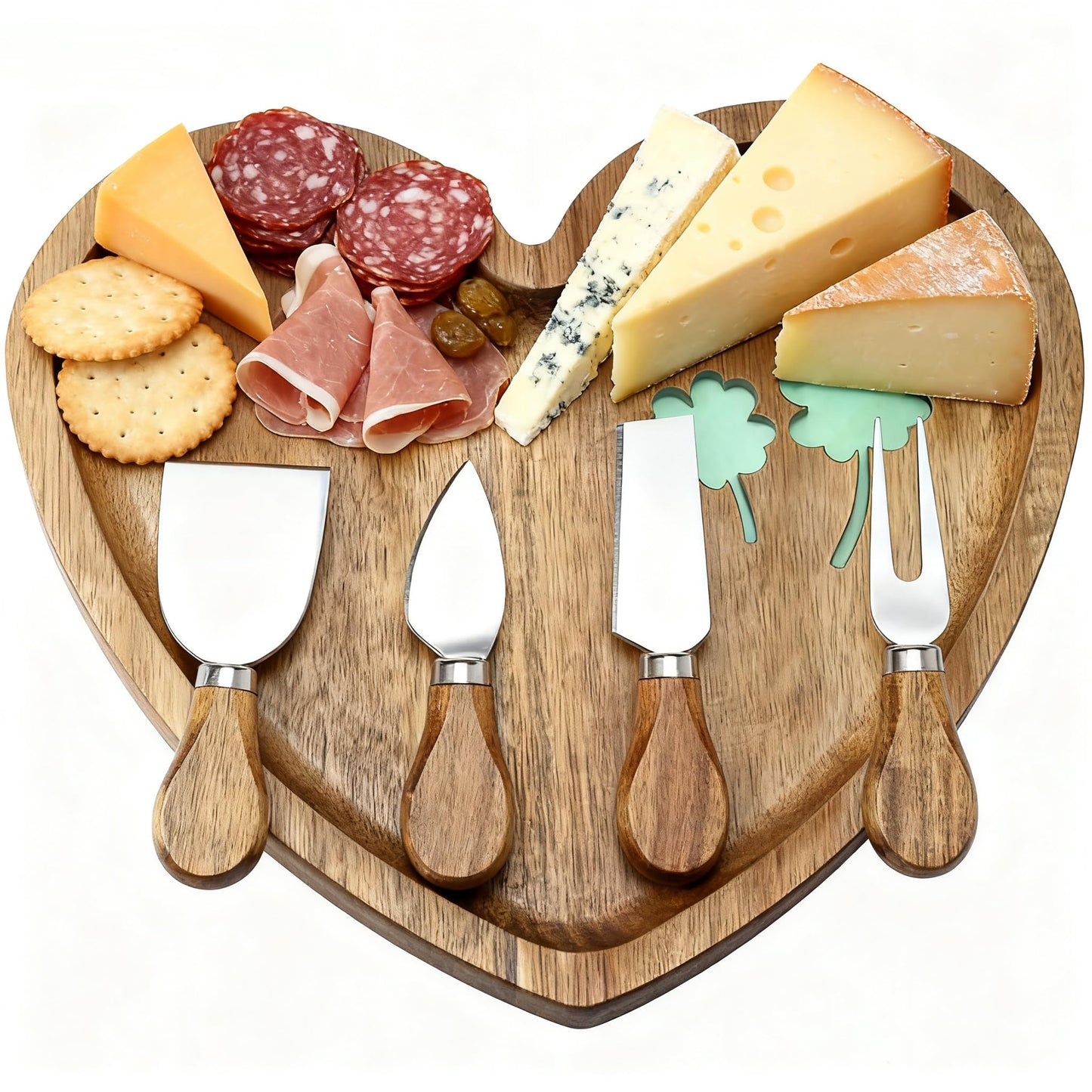 HSHQING Heart Shaped Acacia Wood Cheese Board with 4 Piece Cheese Knife Set, St. Patrick's Day Green Clover Resin Inlay Appetizer Plates Charcuterie Serving Tray for Wine and Cheese Parties