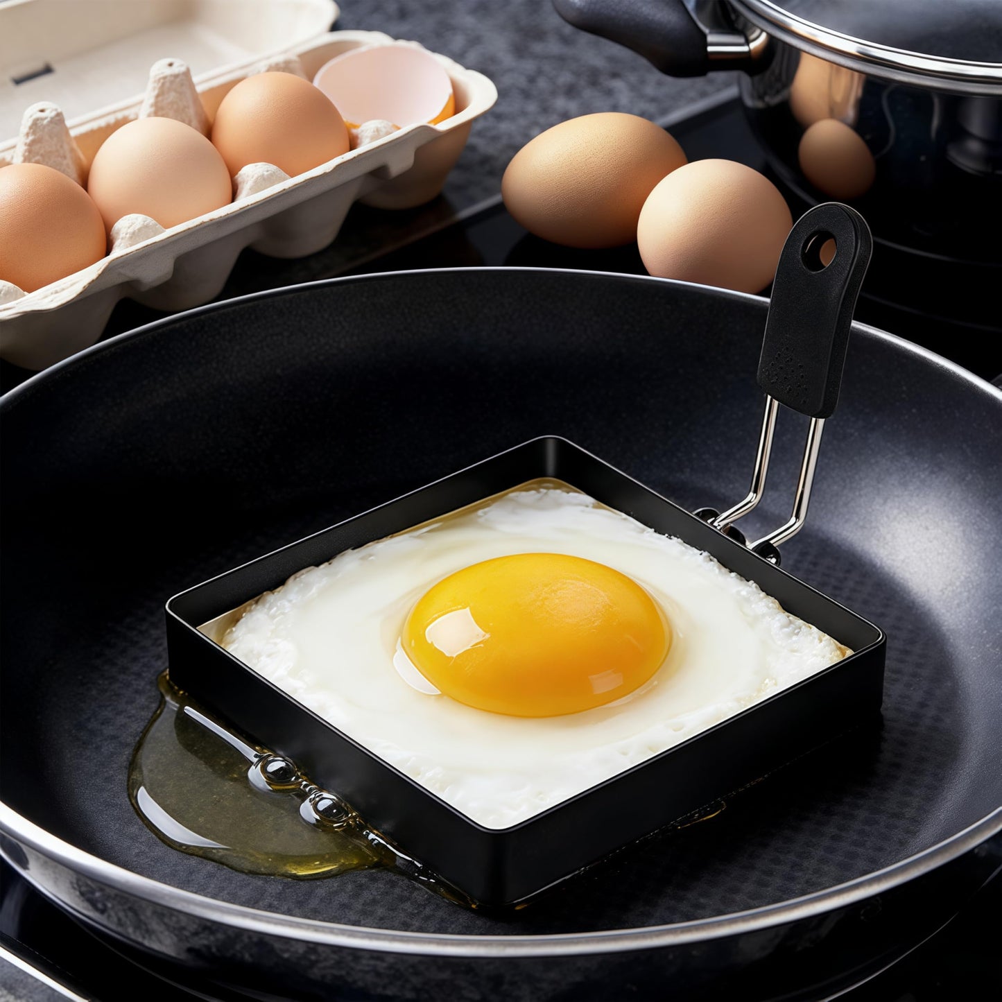 Beiskll 4 Pack Egg Rings for Frying Eggs, Round & Square Egg Cooking Stainless Steel, for English Muffins Pancake, with Silicone Handle