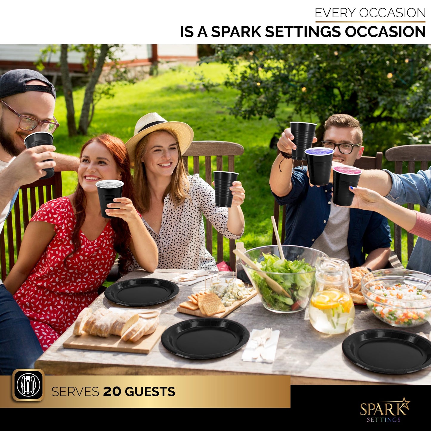 Black Party Supplies Set Paper Plates Plastic Cups Forks Knives Spoons Napkins Tablecloth Serves 20 Guests Disposable Dinnerware Set of 222 Pieces, Complete Tableware for Party - By SparkSettings