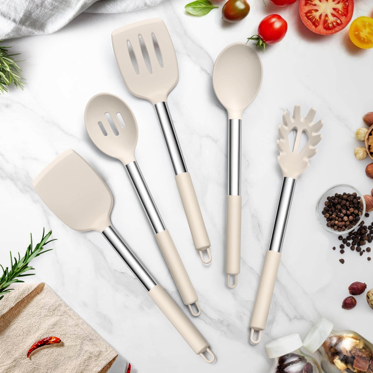 TeamFar Cooking Utensils Set, 5 PCS Silicone Kitchen Utensils with Stainless Steel Handle for Nonstick Cookware Turning Flipping Frying Draining, Heatproof & Healthy, Nonstick & Easy Clean, Khaki