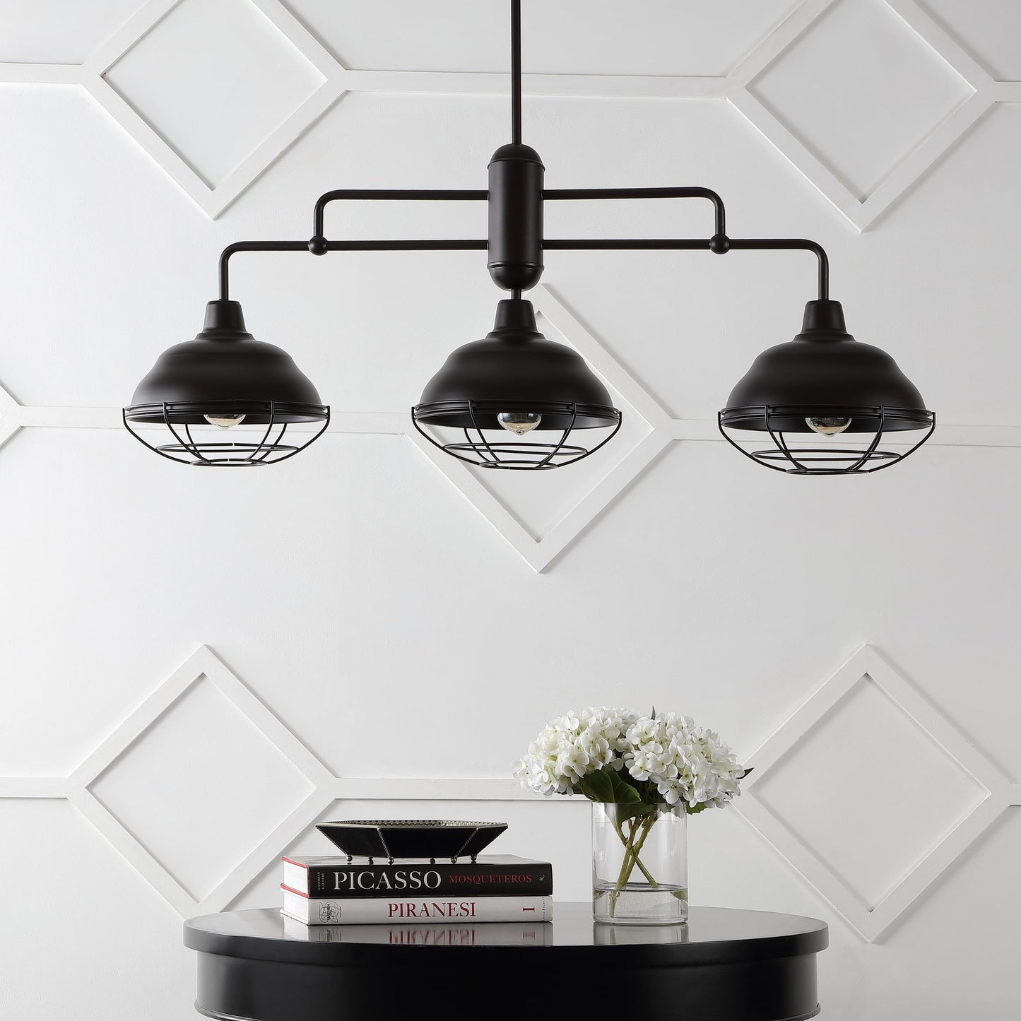 JONATHAN Y 40.5" Oil Rubbed Bronze 3-Light Industrial Farmhouse LED Pendant Light Fixture for Kitchen Island, Dining Room, Adjustable Hanging Ceiling Lamp, Iron Cage Metal Shade (JYL1119A)