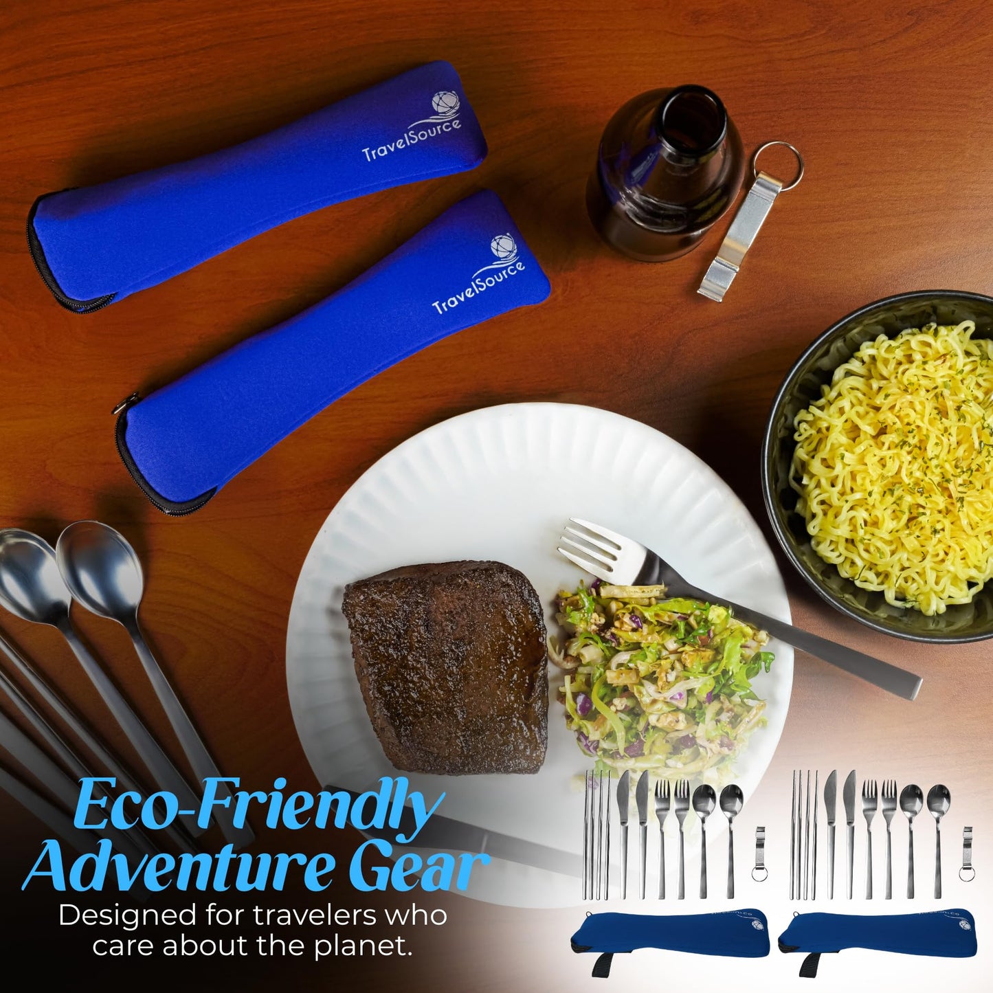 Camping Travel Utensils with Case - 4-Person (2 Pouches) Fork, Spoon, Knife Silverware Set - Reusable Portable Hiking Camping Lunch Cutlery - Family Mess Kit - Stainless Steel