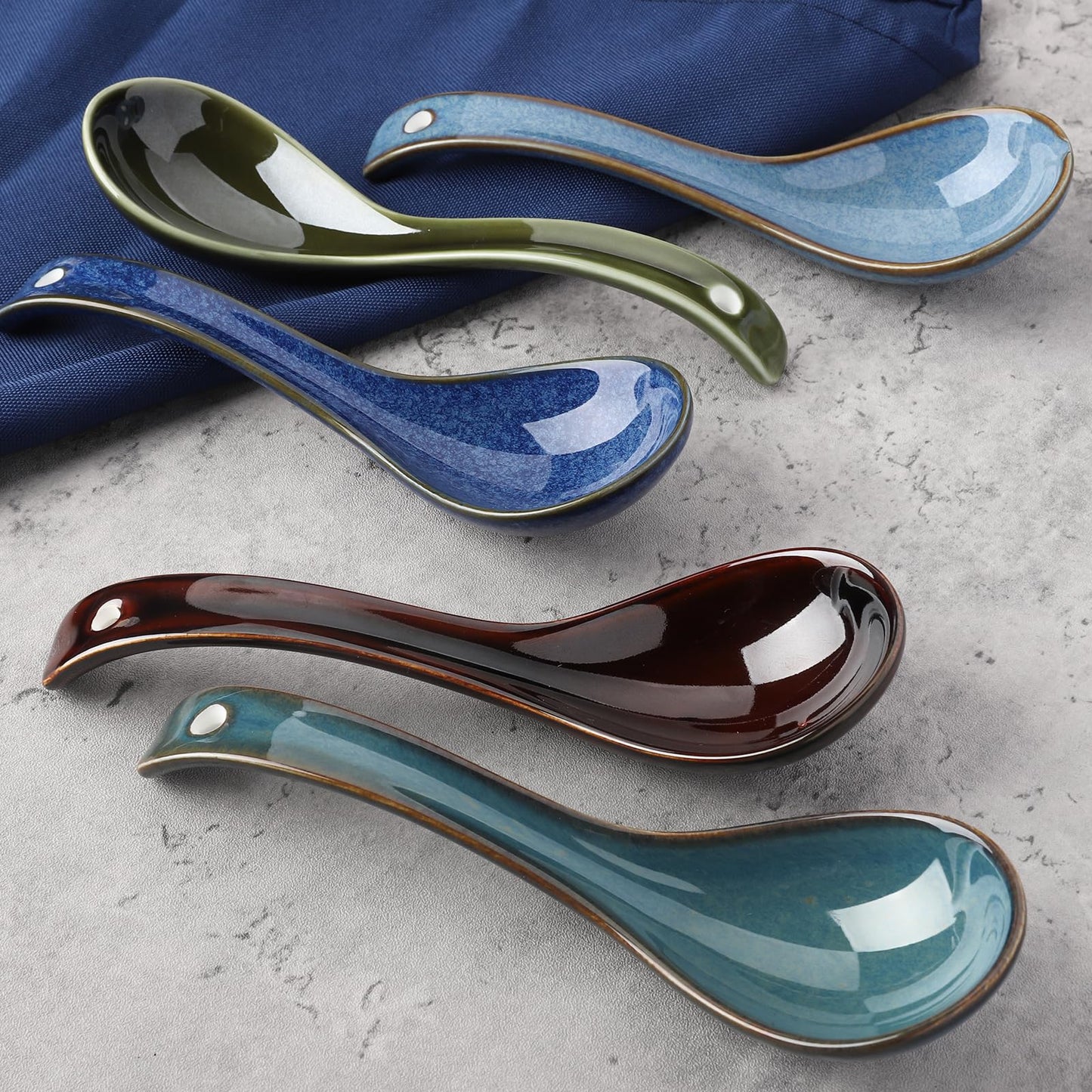 Soup Spoons Set of 5, Asian Soup Spoons Ramen Spoons, Christmas Ceramic Chinese Spoon Set for Soup, Cereal, Pho, Noodles, Dumpling, Miso, Wonton