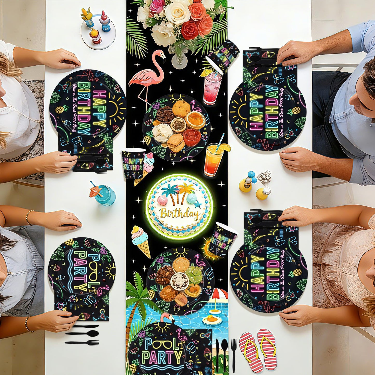 168 Pcs Pool Party Supplies Black Neon Pool Plates Napkins Cups Forks Knives Spoons Tropical Neon Swimming Tableware Set for Boys Girls Birthday Summer Beach Tropical Party Decorations Serves 24