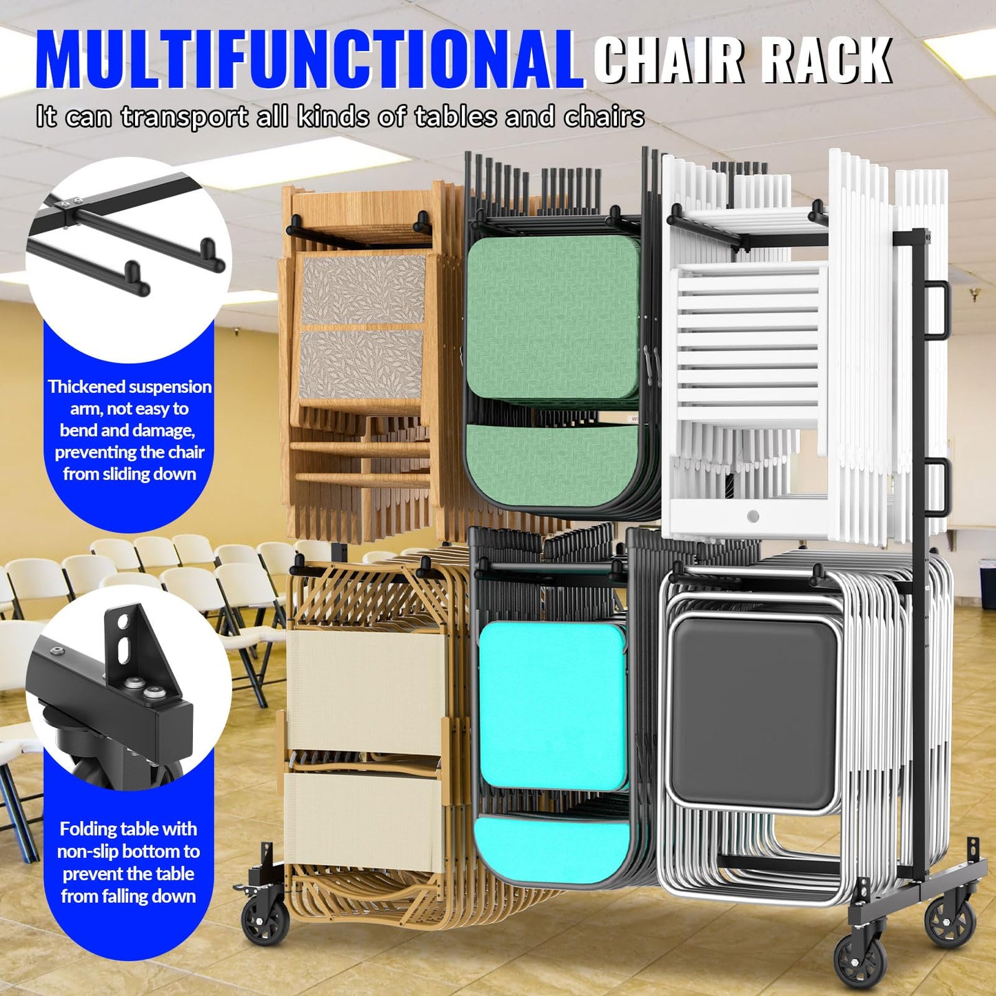 Folding Chair Cart, Holds 84 Folding Chairs or 24 Tables, Heavy-Duty Storage cart, 1000 lbs Weight Capacity, Includes Rain Cover and 360° Rubber Locking Wheels