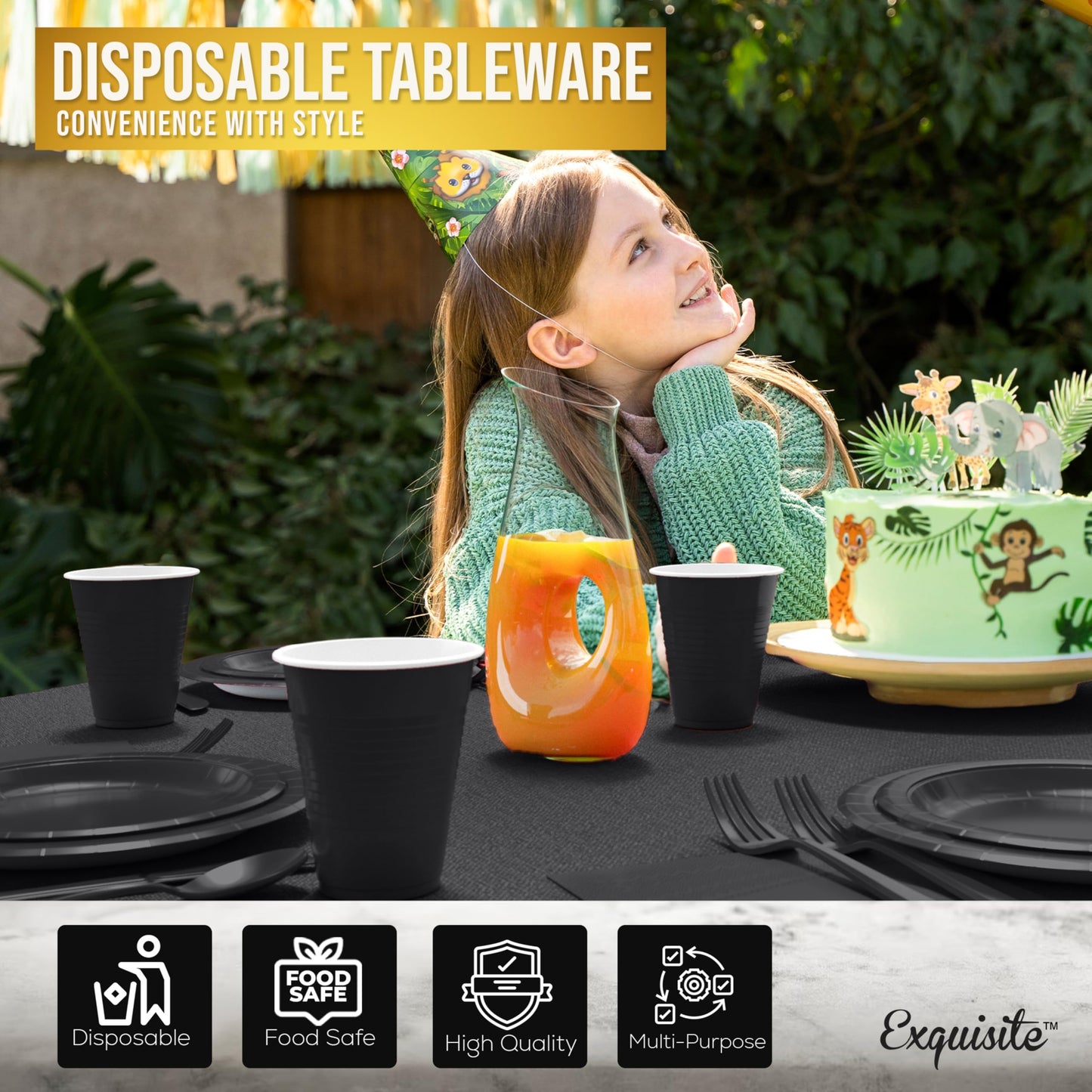 Party Solids 222 Pcs Black Paper Plates and Napkins Sets, Disposable Plates For Party, Lunch & Cocktail Napkins Paper, 18oz Plastic Cups, Cutlery and Black Table cloth Plastic Dinnerware Set