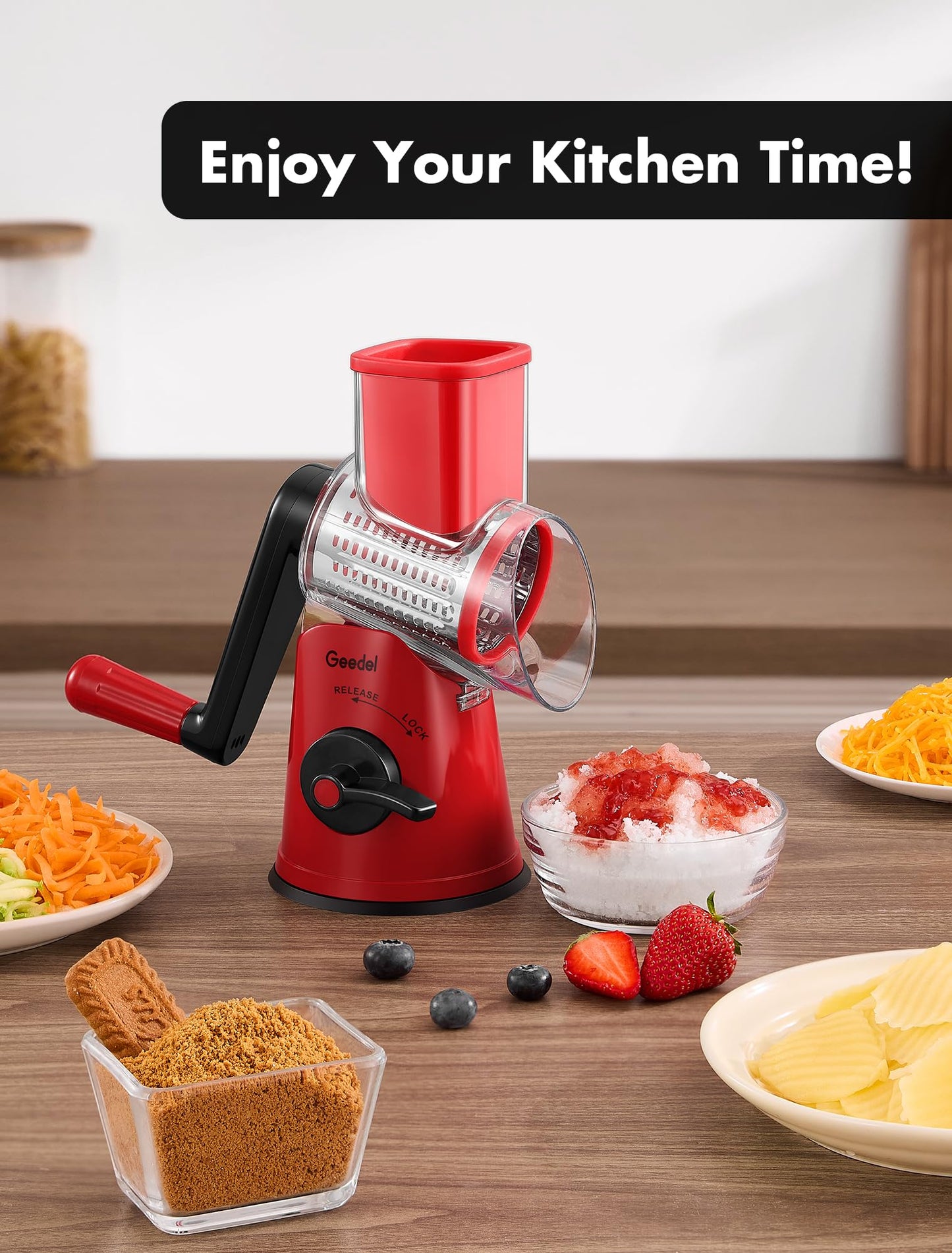 Geedel Rotary Cheese Grater Cheese Shredder with 5 Interchangeable Blades - Upgraded Rotary Grater Featuring Strong Suction Base for Cheese Shredding, Wavy Slicing, Nut Grinding, and Ice Shaving