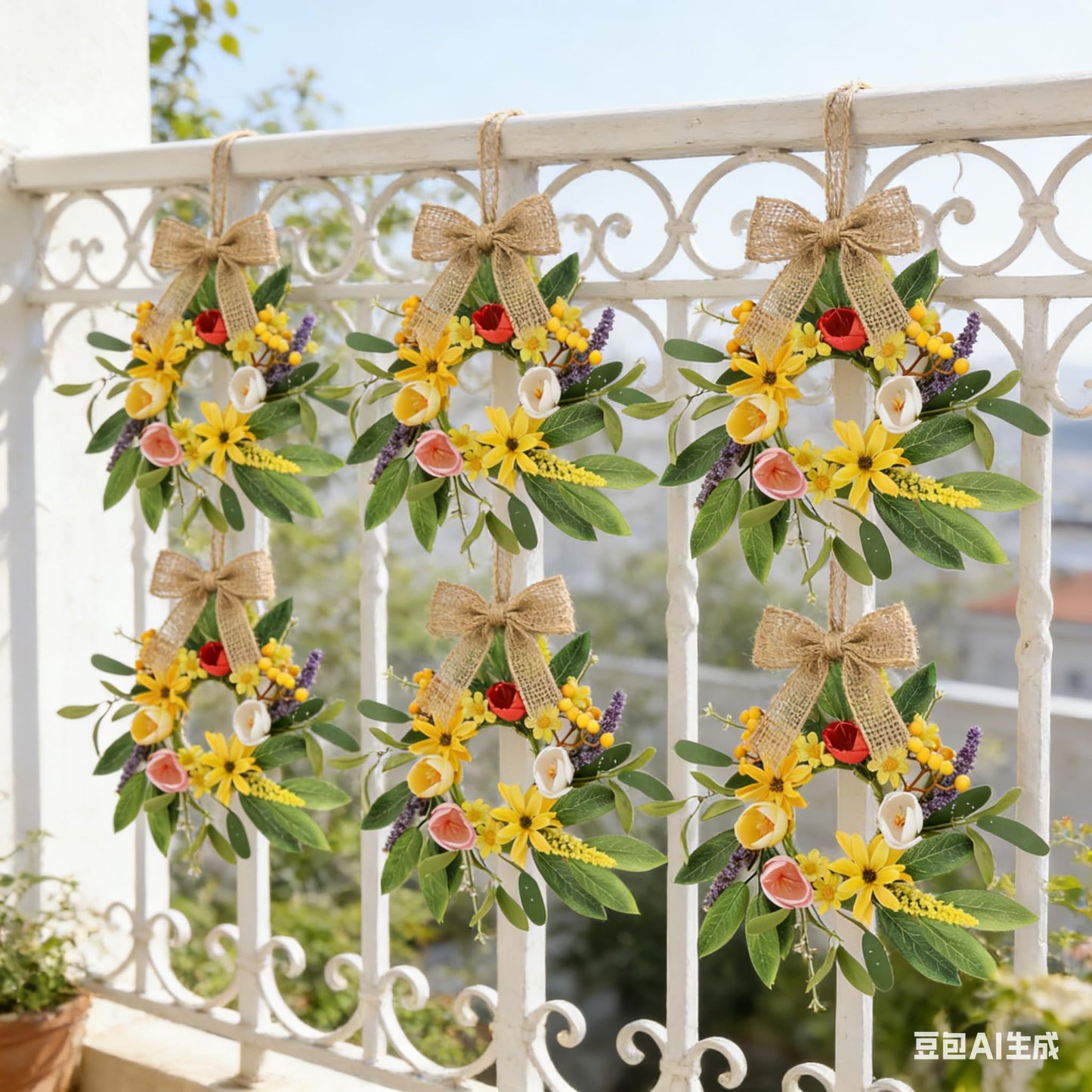 6 Pcs 9'' Mini Spring Wreaths for Kitchen Cabinets Decor Small Tulip Floral Wreaths with Rose Tulip Flowers for Spring Wall Window Porch Home Wedding Party Decor