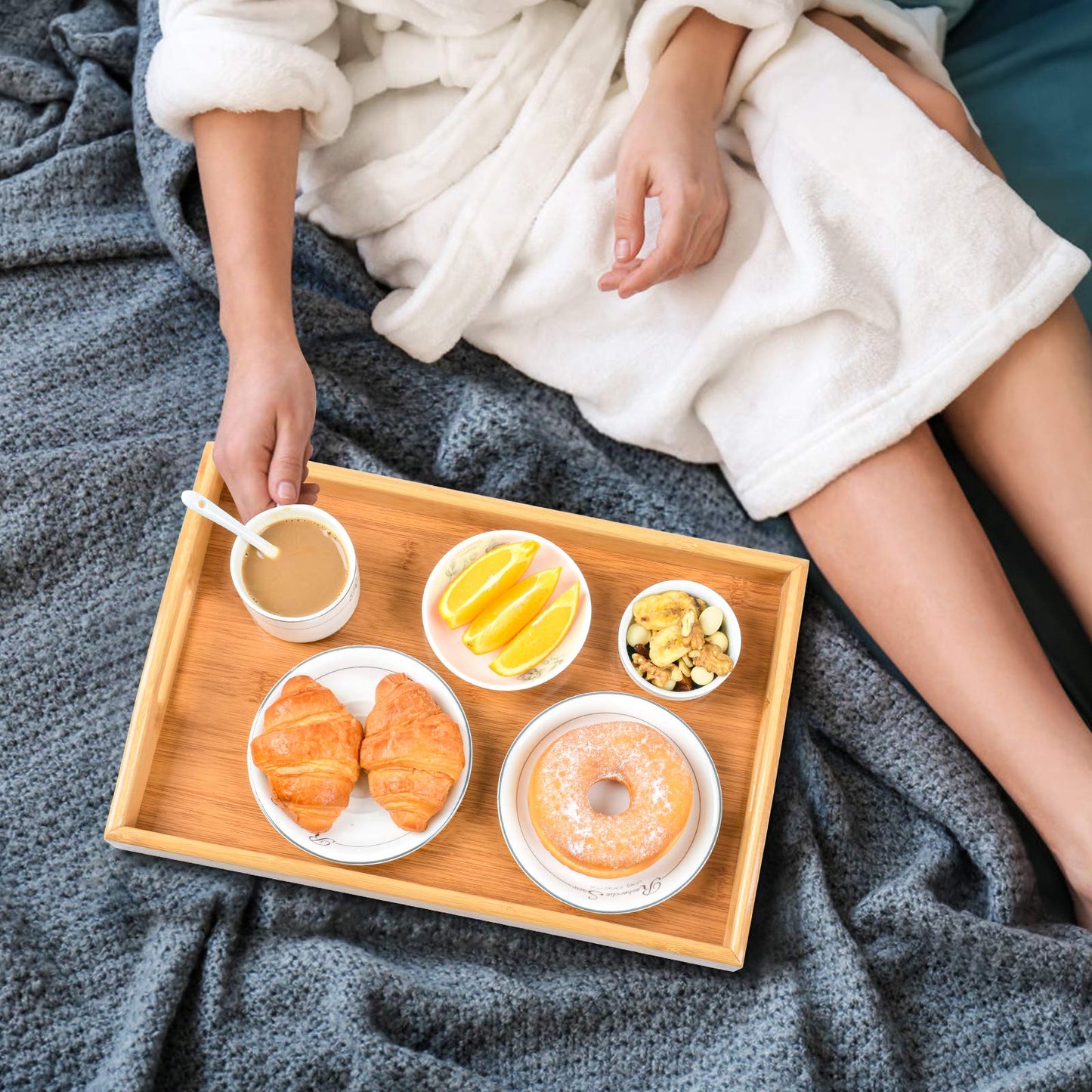 3 Pack Bamboo Serving Trays with Handles, Rectangular Kitchen Food Tray for Eating, Dinner Trays for Eating on Couch, Wood Serving Platter for Breakfast, Tea, Bar, Restaurant, Party or Bed (Beige)