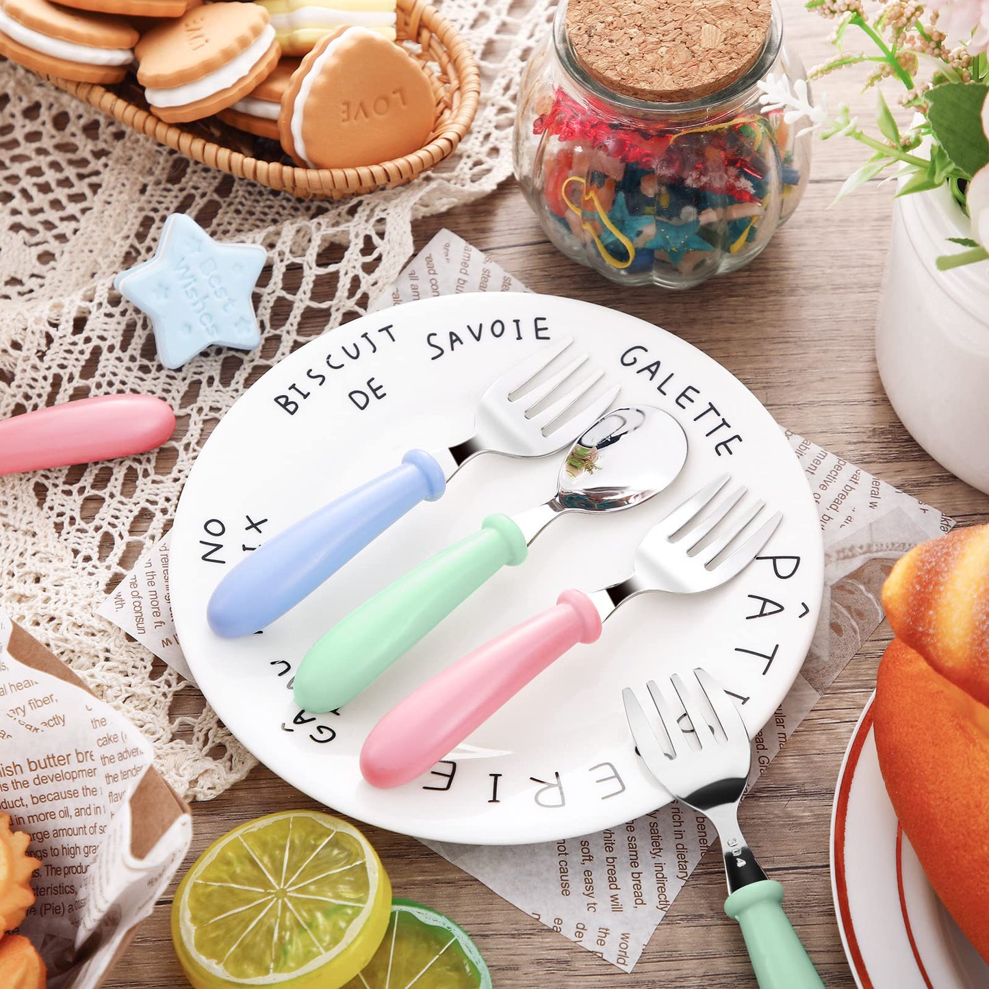 Honeydak 24 Pieces Toddler Utensils Kids Silverware Set Spoons and Forks with Round Handle Toddler Stainless Steel Kids Cutlery Spoons and Forks for Safe Dining Lunch Box Kitchen