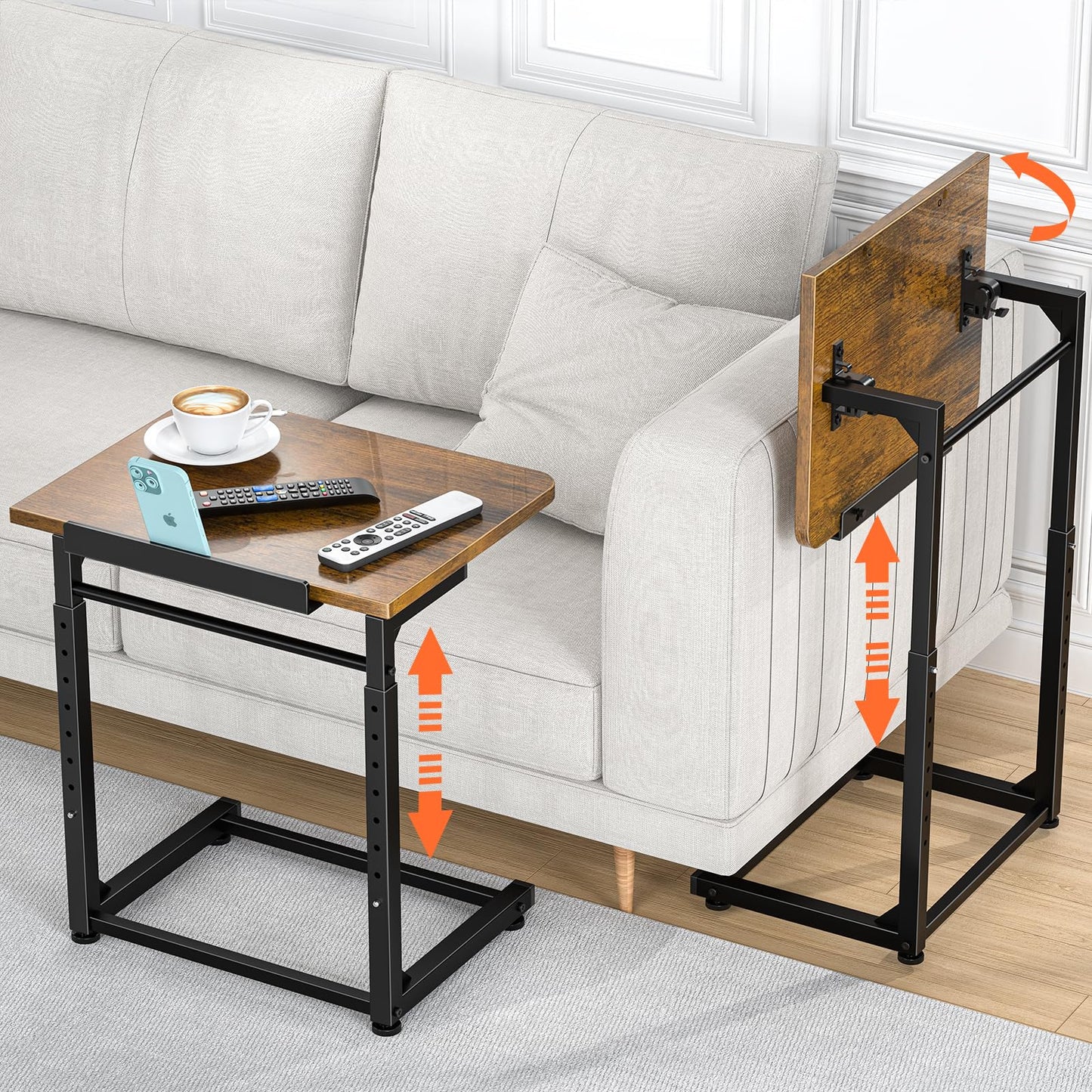 Tv Tray Table Set of 2, 8-Level Adjustable Height Couch Side Table,90° Tilt Angle Adjustments C-Shaped End Table, with Phone & Tablet Slot Sofa Computer Desk for Couch, Sofa, Bed, Chair, Living Room
