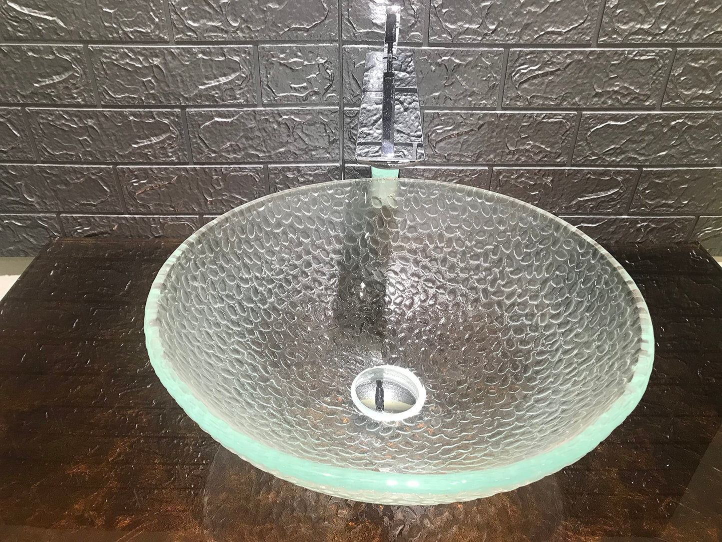 FANWIN STAR Pearl Series Glass Vessel Sink In Ice Top Raindrop Mount Sinks Above Countertop | Vanity Countertop Clear Transparent Sink Bowl with Pop Up Drain | FW-LA623