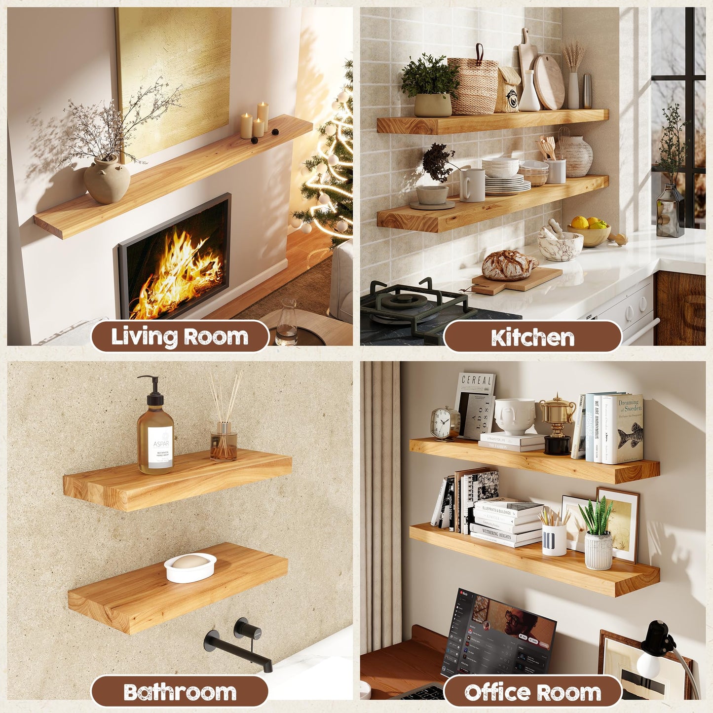 fuqing Floating Shelves for Wall, 20 inch Rustic Solid Elm Wood Floating Shelves, Wooden Wall Shelves with Invisible Heavy Duty Brackets for Living Room, Bedroom, Kitchen, Bathroom, 2 Pack, Natural