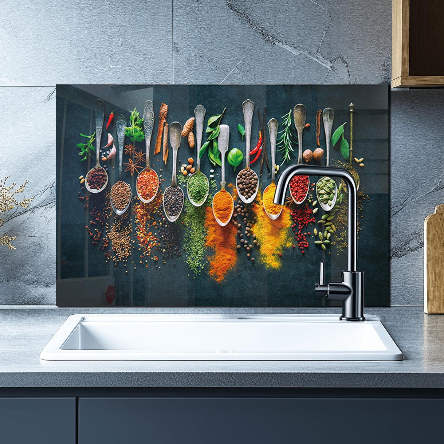 DAIFURONGE Tempered Glass Backsplash for Kitchen, Behind Stove Panel, Art Deco Spice Design, Easy to Clean Glass Splashback, Splash Guard, Wall Decor, 30"x18" (76.2x45.72cm)