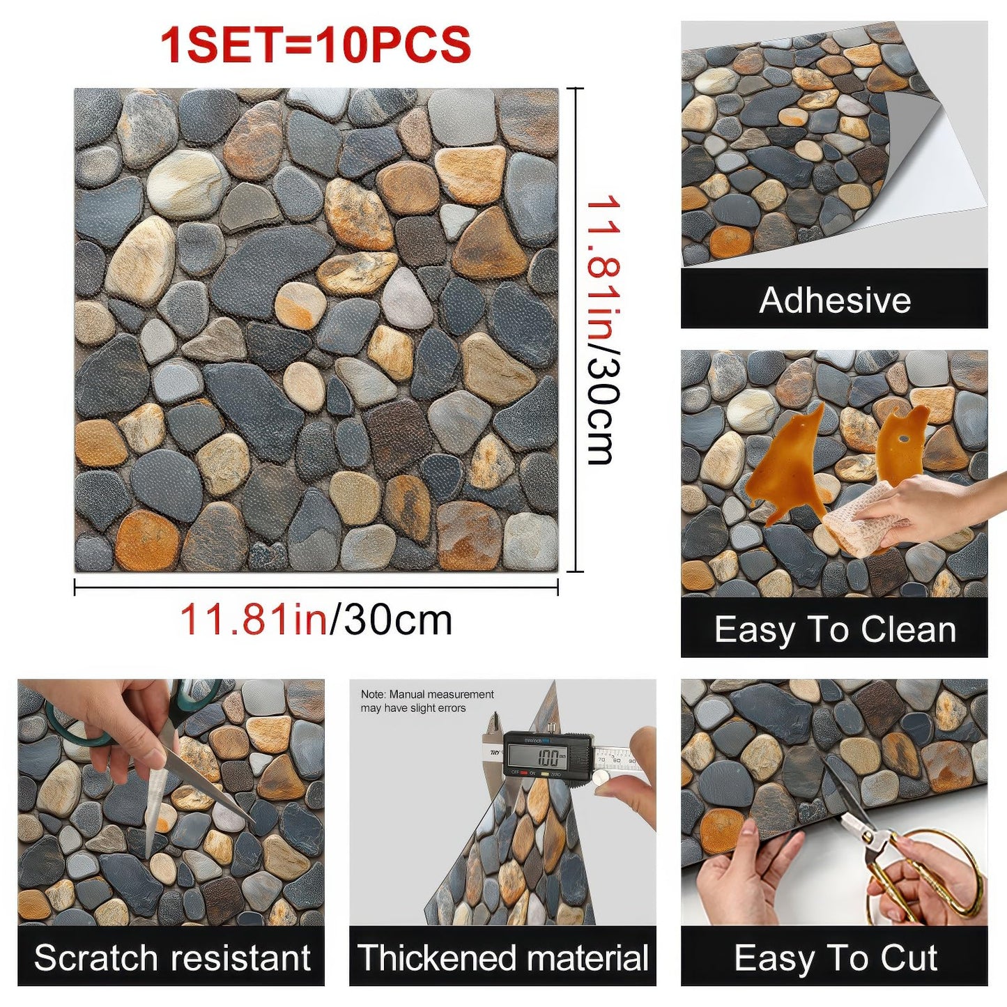 HOMETITUTE 10PCS 12x12 Inch Pebble Stone Look Peel and Stick Floor Tiles Flat Self Adhesive Vinyl Flooring Stickers Removable Waterproof Floor Covering for Bathroom Kitchen Balcony Entryway Decor