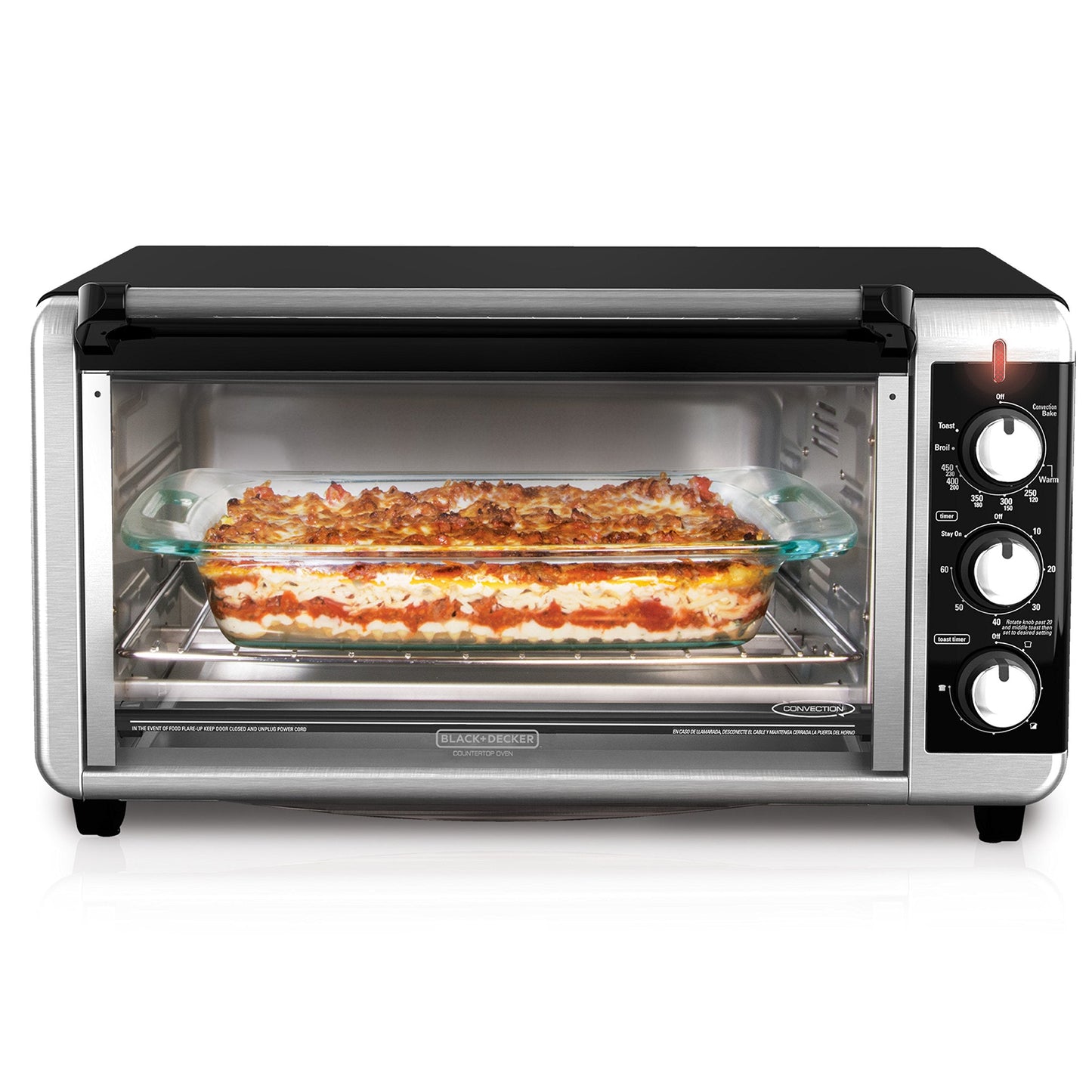 BLACK+DECKER TO3250XSBD 8-Slice Extra Wide Convection Countertop Toaster Oven, Includes Bake Pan, Broil Rack & Toasting Rack, Stainless Steel/Black