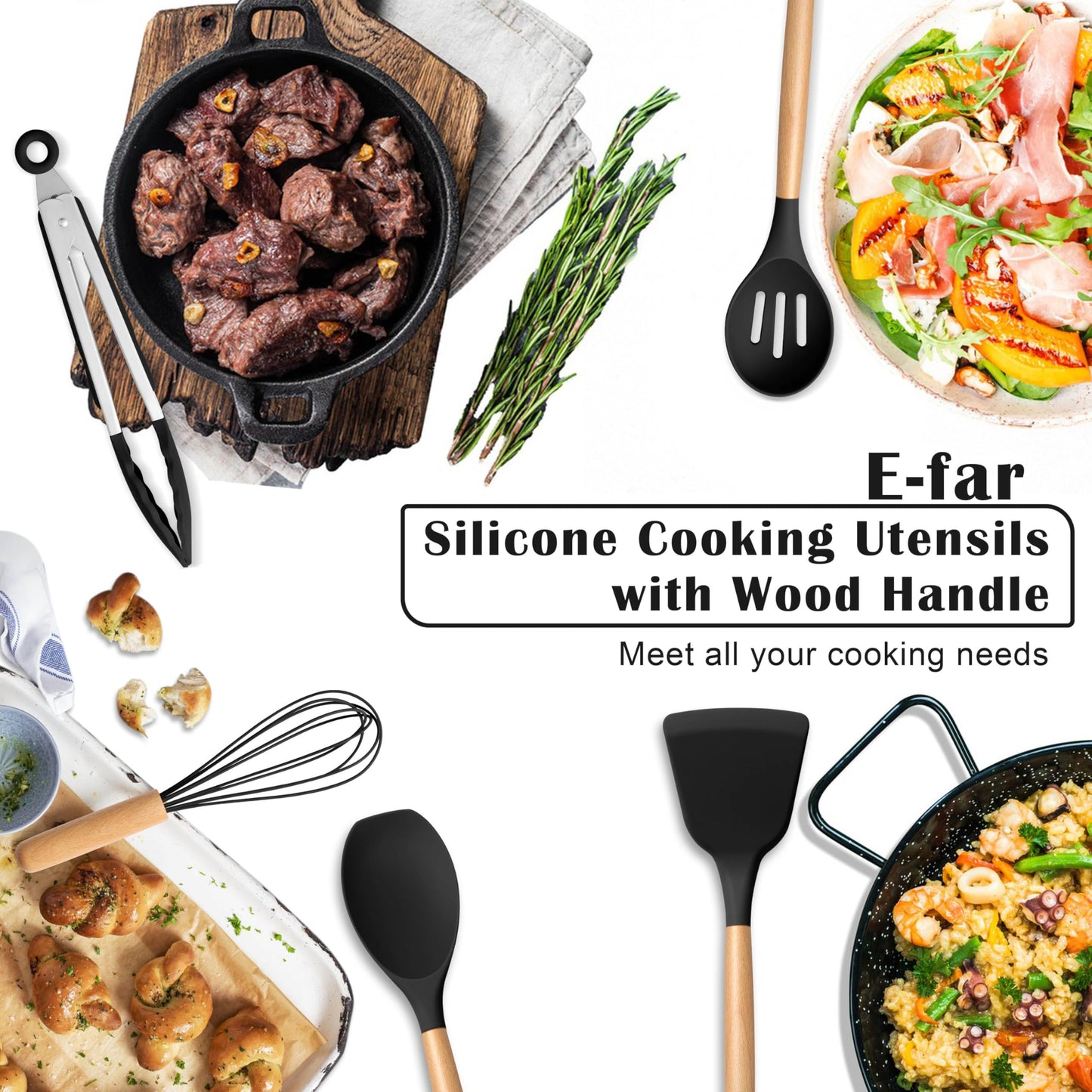 E-far Silicone Cooking Utensils Set, 10-Piece Black Kitchen Utensils Set with Wooden Handle for Nonstick Cookware, Heat Resistant Kitchen Nonstick Tools Spatula Whisk Tongs Ladle, Non-toxic & Healthy