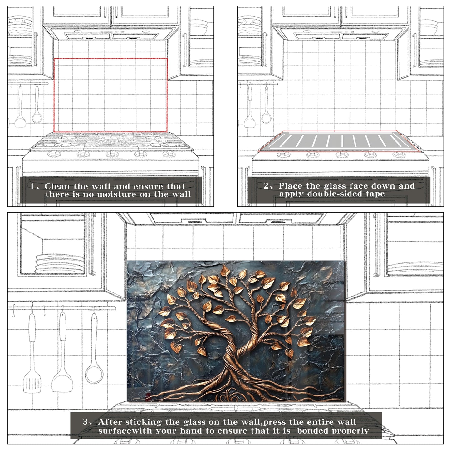 fzxwyishu Tempered Glass Backsplash for Kitchen,Stove Splashback Protector Tree of Life Design | Heat-Resistant Splash Board, Kitchen Wall Decoration (grey, 30"x16"(76.2x40.64cm))