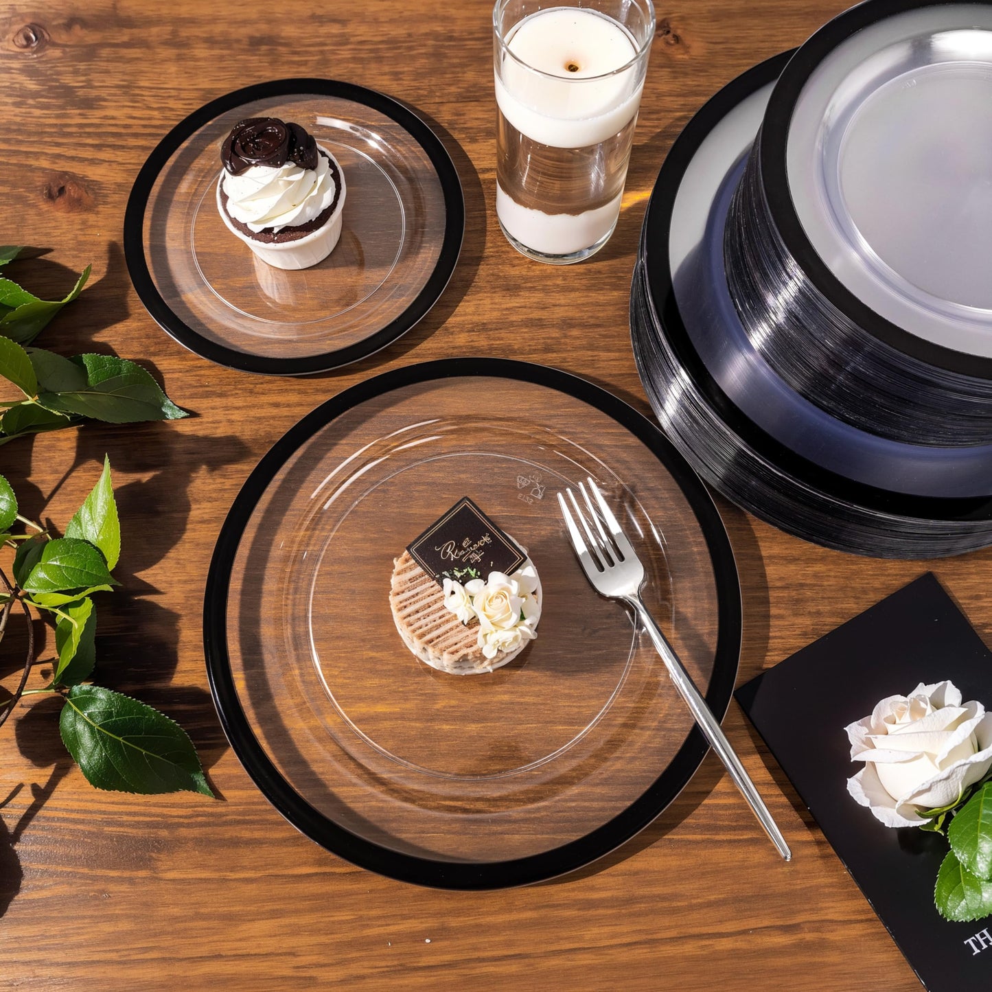 U-QE 120pcs Black Plates Disposable for Party - Clear and Black Plates Disposable Heavy Duty - Fancy Disposable Plates Include 60 10" Dinner and 60 7" Dessert Plate, Perfect for Party & Wedding