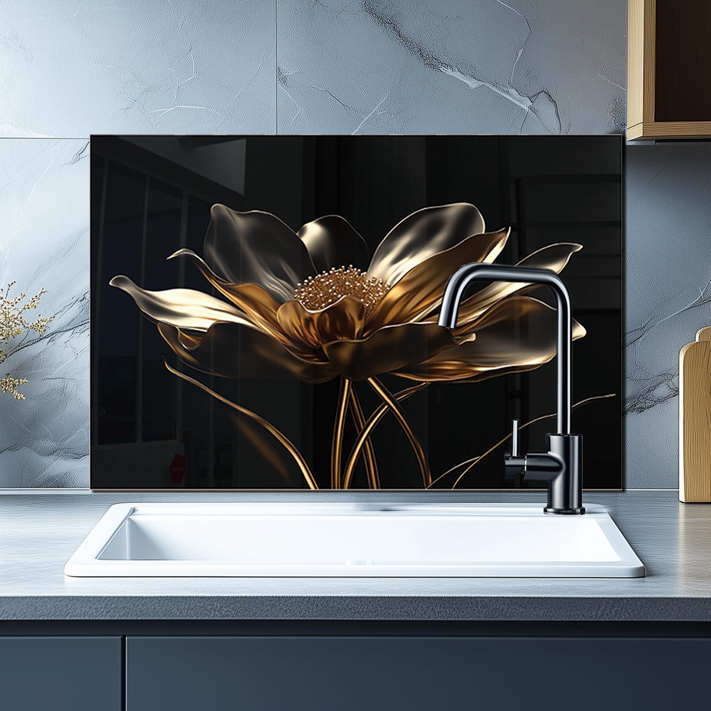 DAIFURONGE Black Golden Lotus, Tempered Glass Backsplash for Kitchen,Easy to Clean, One Piece Glass Behind Stove Splashback Panel, Home Kitchen Wall Decor (black, 30"x30"(76.2x76.2cm))