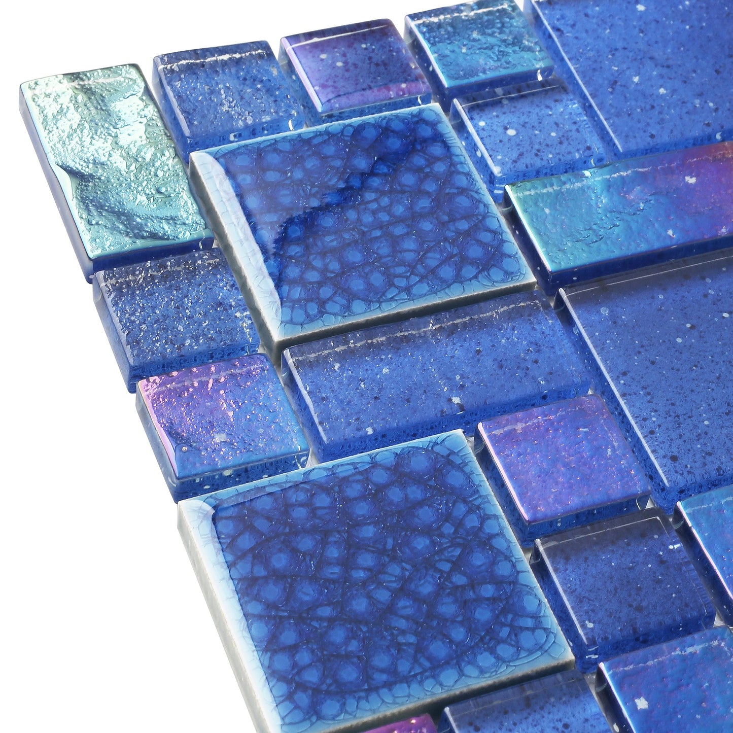 Blujellyfish Blue Glass Mosaic Tiles French Pattern Square Mosaics Sheets Iridescent Cobalt Blue Crystal Glass Ceramic Accent Wall Tile for Swimming Pool Kitchen Bathroom Backsplash (5 Square Feet)