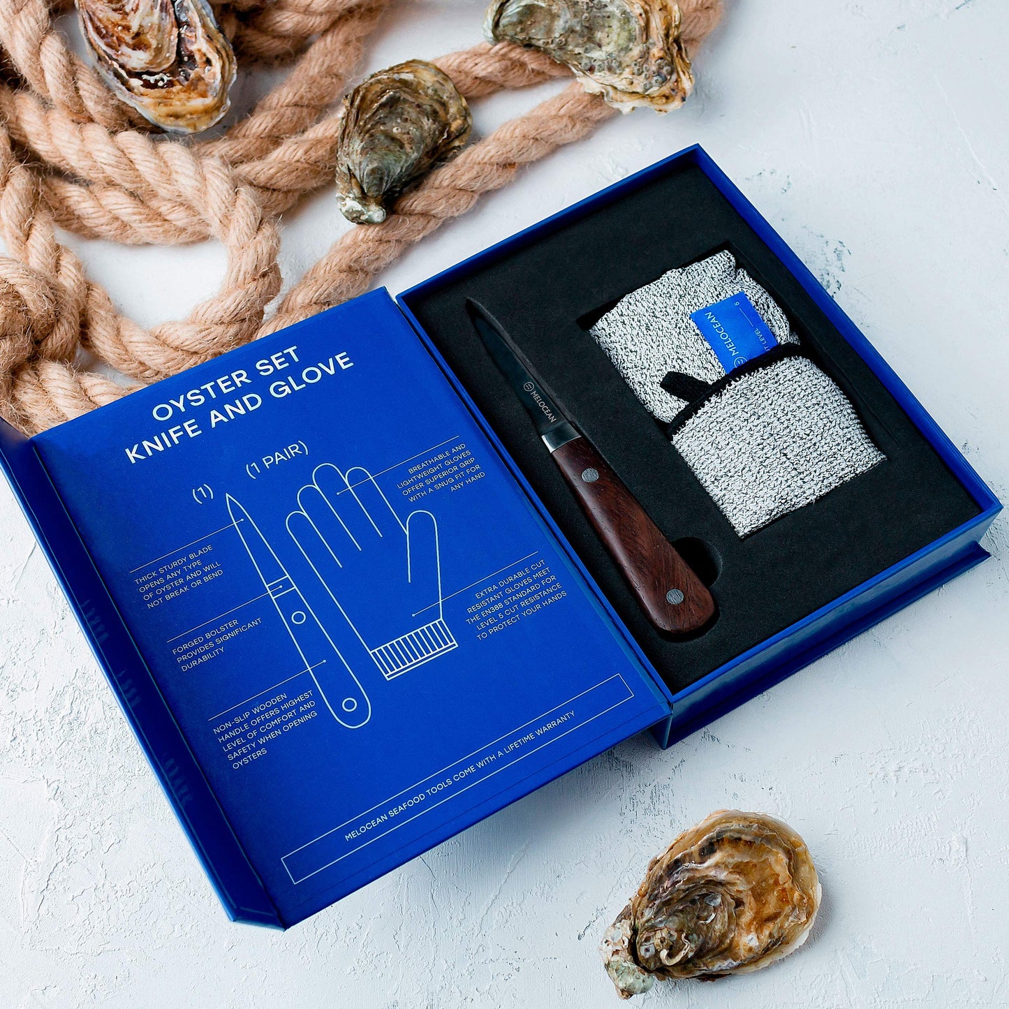 Melocean Oyster Shucking Knife and Gloves Set - Premium Oyster Knife and Shucking Gloves Kit - Professional Clam Shucker Opener Tool in Lovely Box - Bonus Ebook and Brochure Included