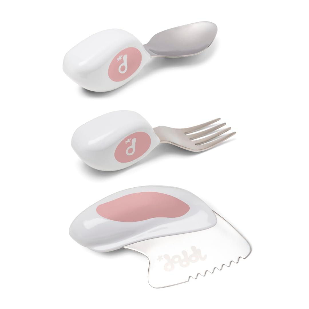 doddl Toddler Utensils, Ergonomic Fork Spoon and Knife Set for Self Feeding, Stainless Steel Silverware for 1-3 Year Olds, BPA Free, Dishwasher Safe (Dusky Rose)