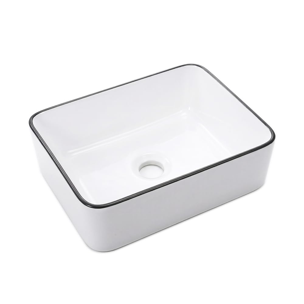 MAISINK Bathroom Vessel Sink, Rectangular 16"x12" Modern Small Bathroom Sink Above Counter, Rectangle White Porcelain Ceramic Small Vessel Sink With Black Trim