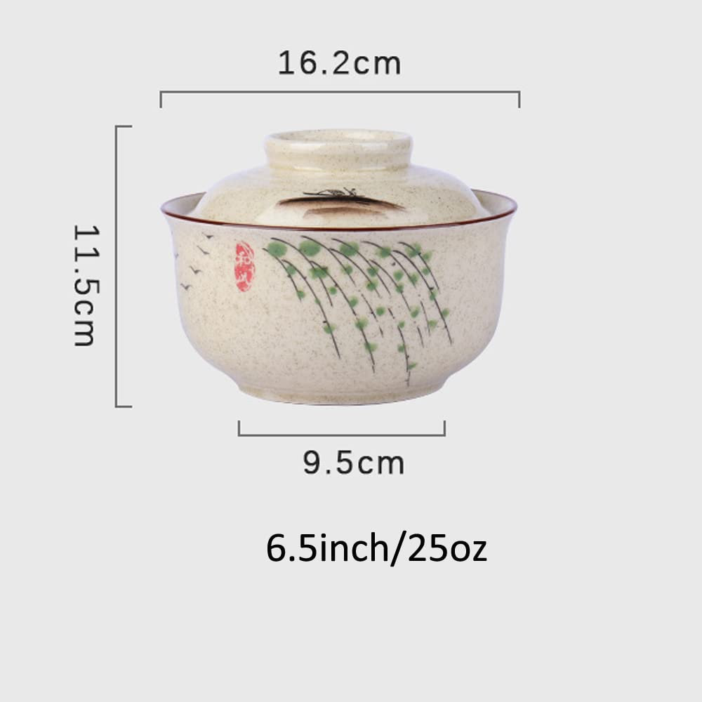 LLPUSLUO 6.5 inch Retro Ceramic Ramen Bowl with Lid,Japanese Style Personalized Dinnerware For Noodle Rice Porridge Soup Fruit Sala (6.5inch, C)