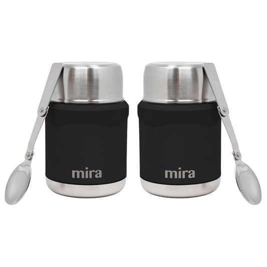 MIRA 2-Pack Food Thermo Set (15 oz) for hot and cold foods - Insulated Stainless Steel Containers with Spoons - 2 Set Black