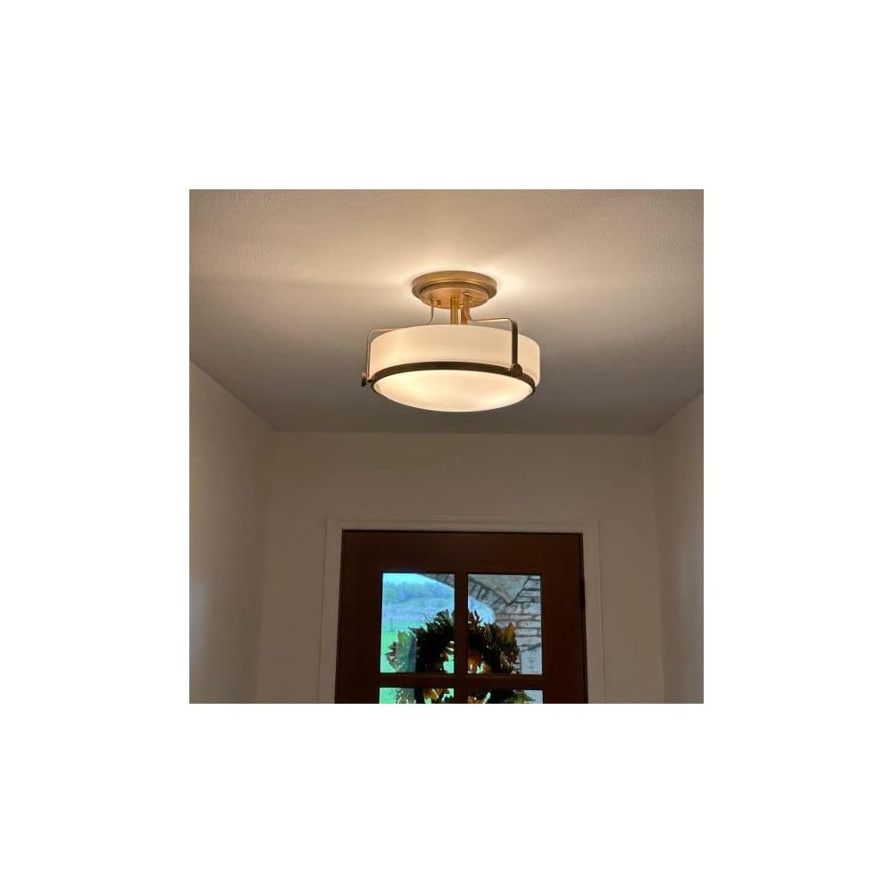 Hinkley Harper Medium Semi-Flush Mount Ceiling Light for Kitchen, Bedroom, Bathroom, and Hallway, Sleek, Retro Style Heritage Brass and Etched Opal Glass