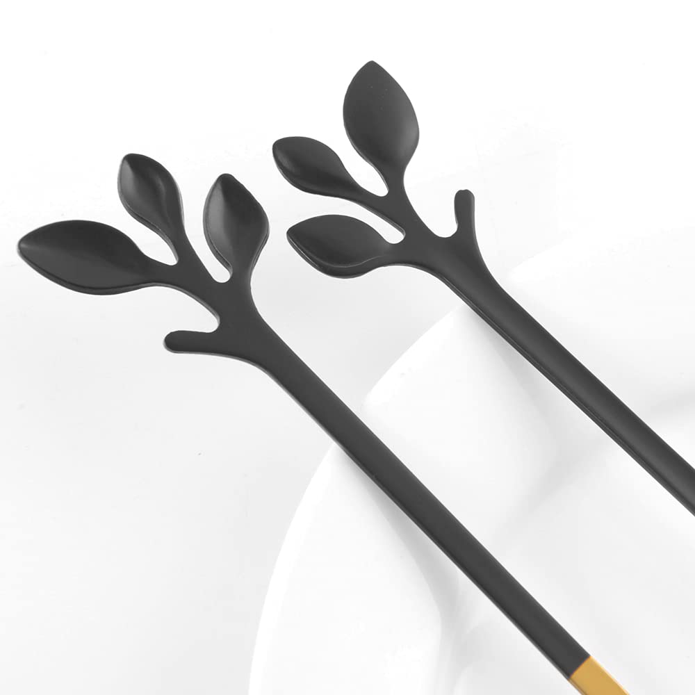 AnSaw 10-Piece Black & Gold Small Leaf Appetizer Forks Set - 4.7" Elegant Stainless Steel Fruit, Dessert, Cake & Salad Forks - Perfect for Cocktail Parties & Home Use
