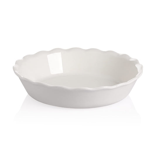 Sweejar Ceramic Pie Pan - 10 Inch Round Baking Dish for Dinner, Non-Stick with Soft Wave Edge for Apple, Pumpkin and Pot Pies (White)