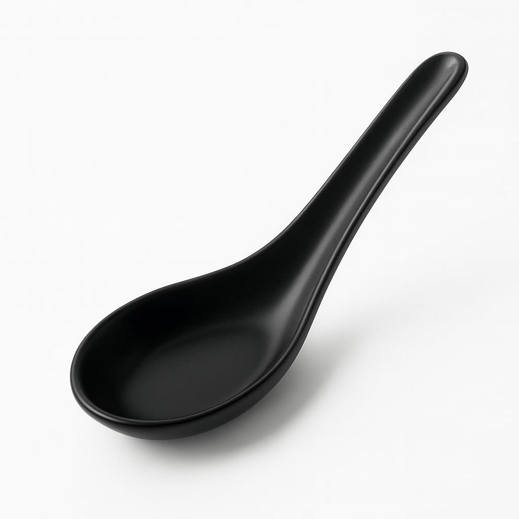 KOLIBROX Asian Soup Spoons Set - Durable Melamine Spoon for Ramen,Miso, Japanese & Chinese Soups - Comfortable Grip, Dishwasher Safe & Long-Lasting | One Set/ 6PCS (black)