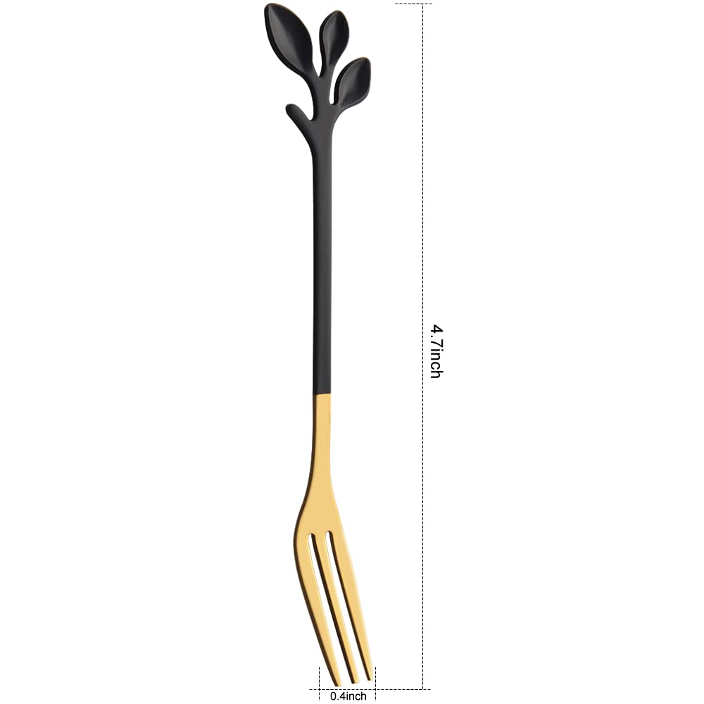 AnSaw 10-Piece Black & Gold Small Leaf Appetizer Forks Set - 4.7" Elegant Stainless Steel Fruit, Dessert, Cake & Salad Forks - Perfect for Cocktail Parties & Home Use