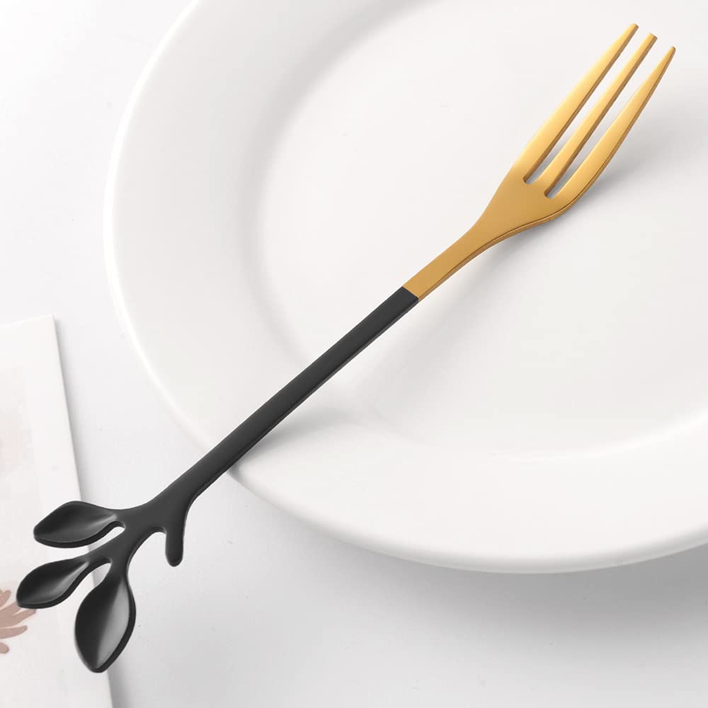 AnSaw 10-Piece Black & Gold Small Leaf Appetizer Forks Set - 4.7" Elegant Stainless Steel Fruit, Dessert, Cake & Salad Forks - Perfect for Cocktail Parties & Home Use