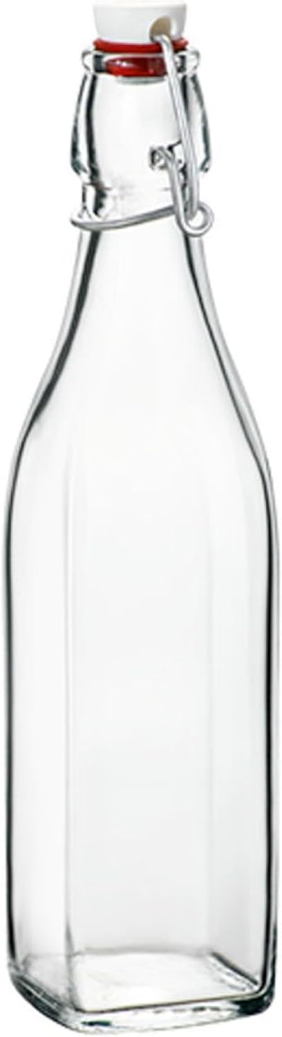Bormioli Rocco Swing 17 oz. Square Swing-Top Glass Bottle with Airtight Seal and Metal Clamp for Drinks, Juices, Wine, or Dressings, Single Bottle