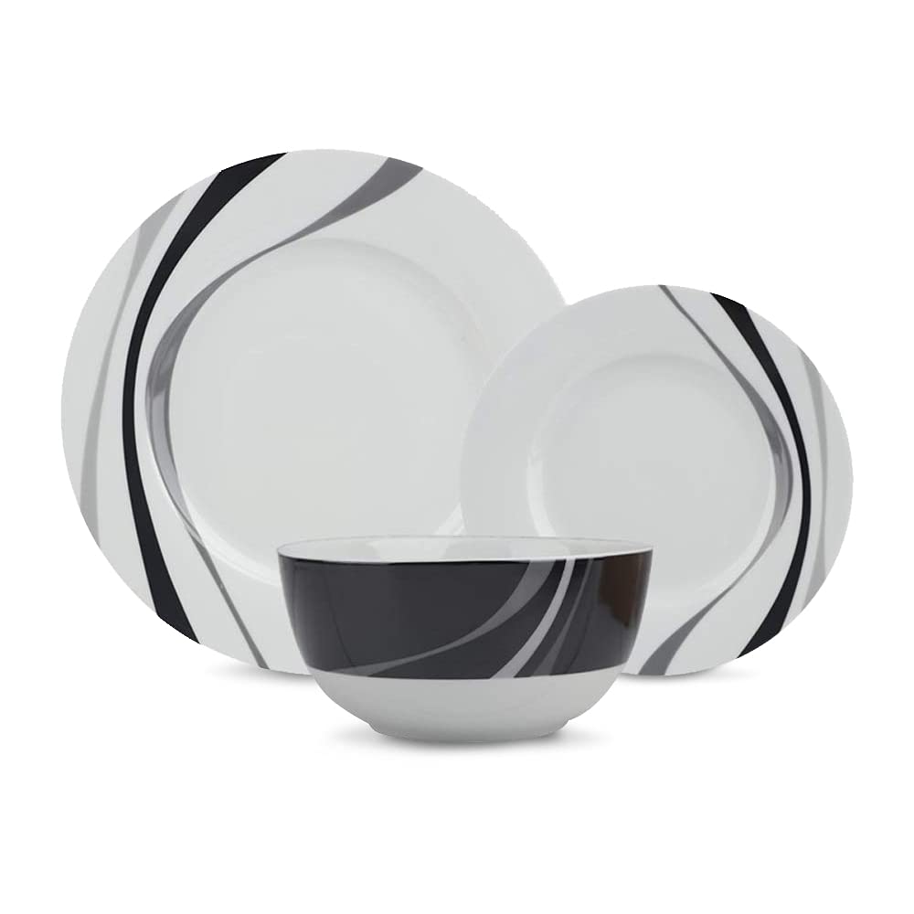 Amazon Basics 18-Piece Complete Kitchen Dinnerware Set, Microwave and Dishwasher Safe, Plates, Dishes, Bowls, Swirl, Heat Resistant, Service for 6, Everyday Use